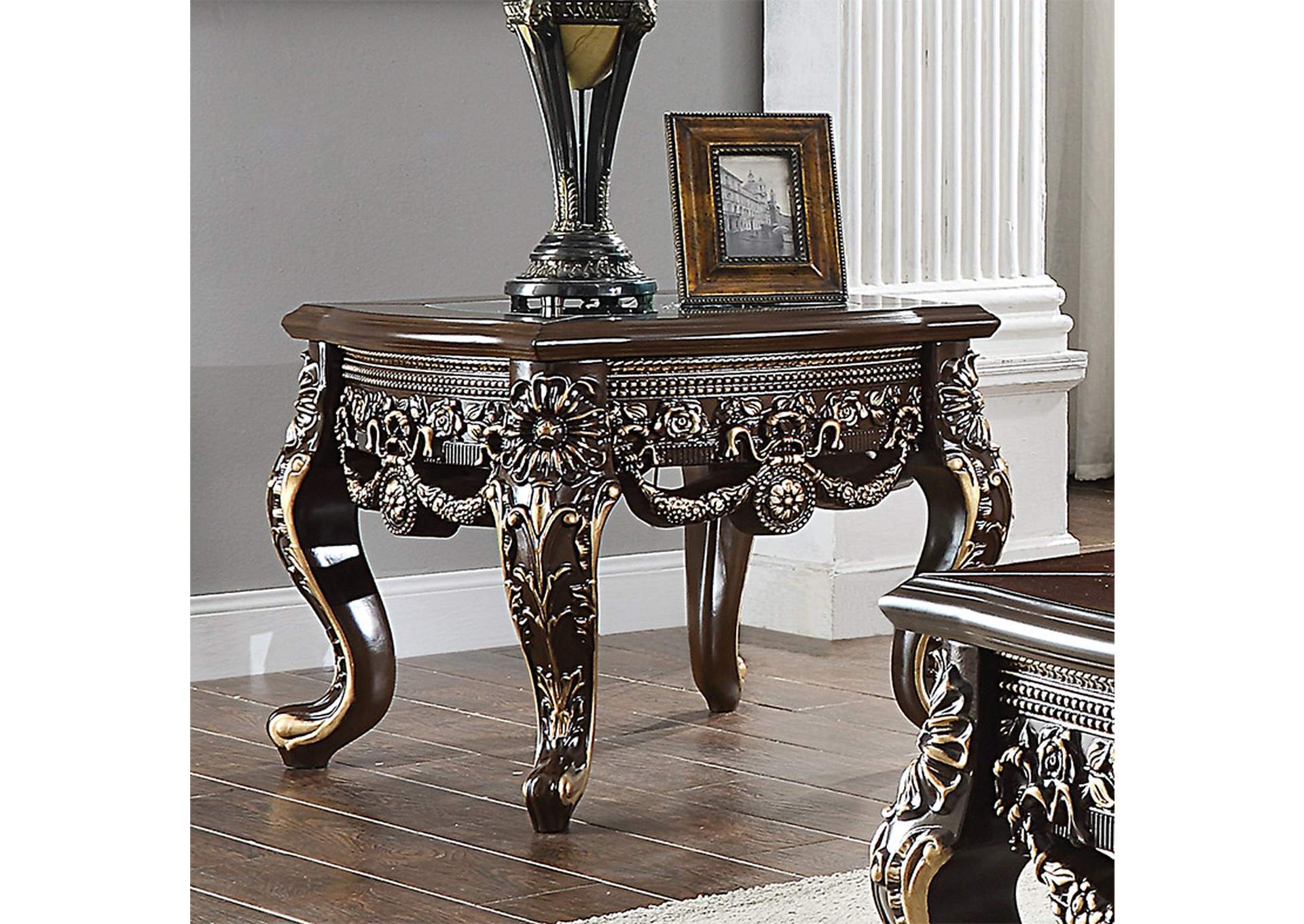 Cherry With Metallic Antique Gold Highlights 3 Piece Coffee Table Set,Homey Design