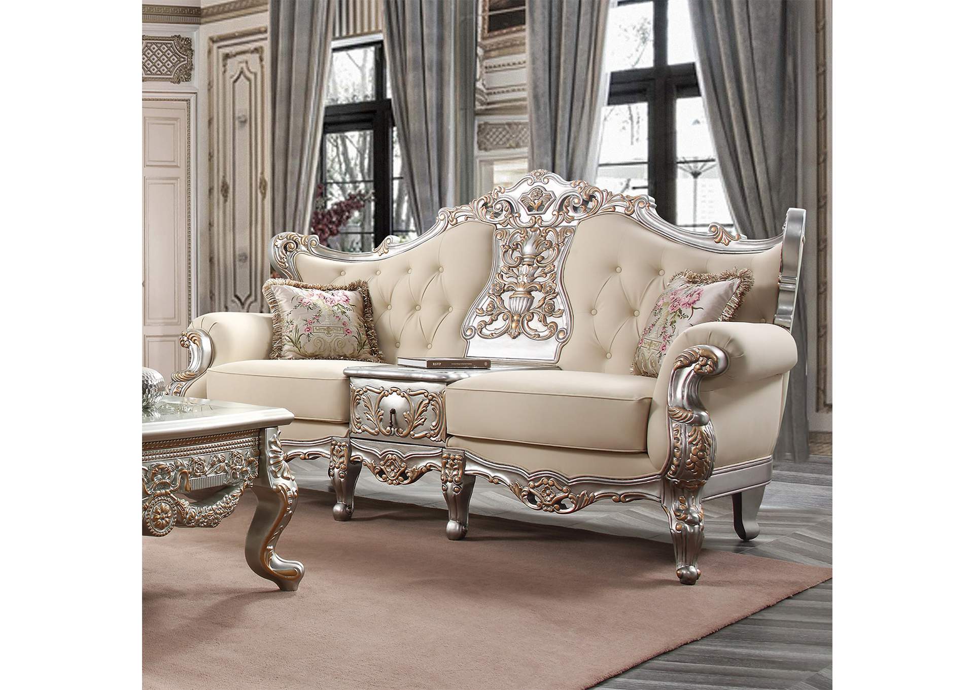 Metallic Silver With Antique Gold Trim 3 Piece French Salon Sofa Set,Homey Design