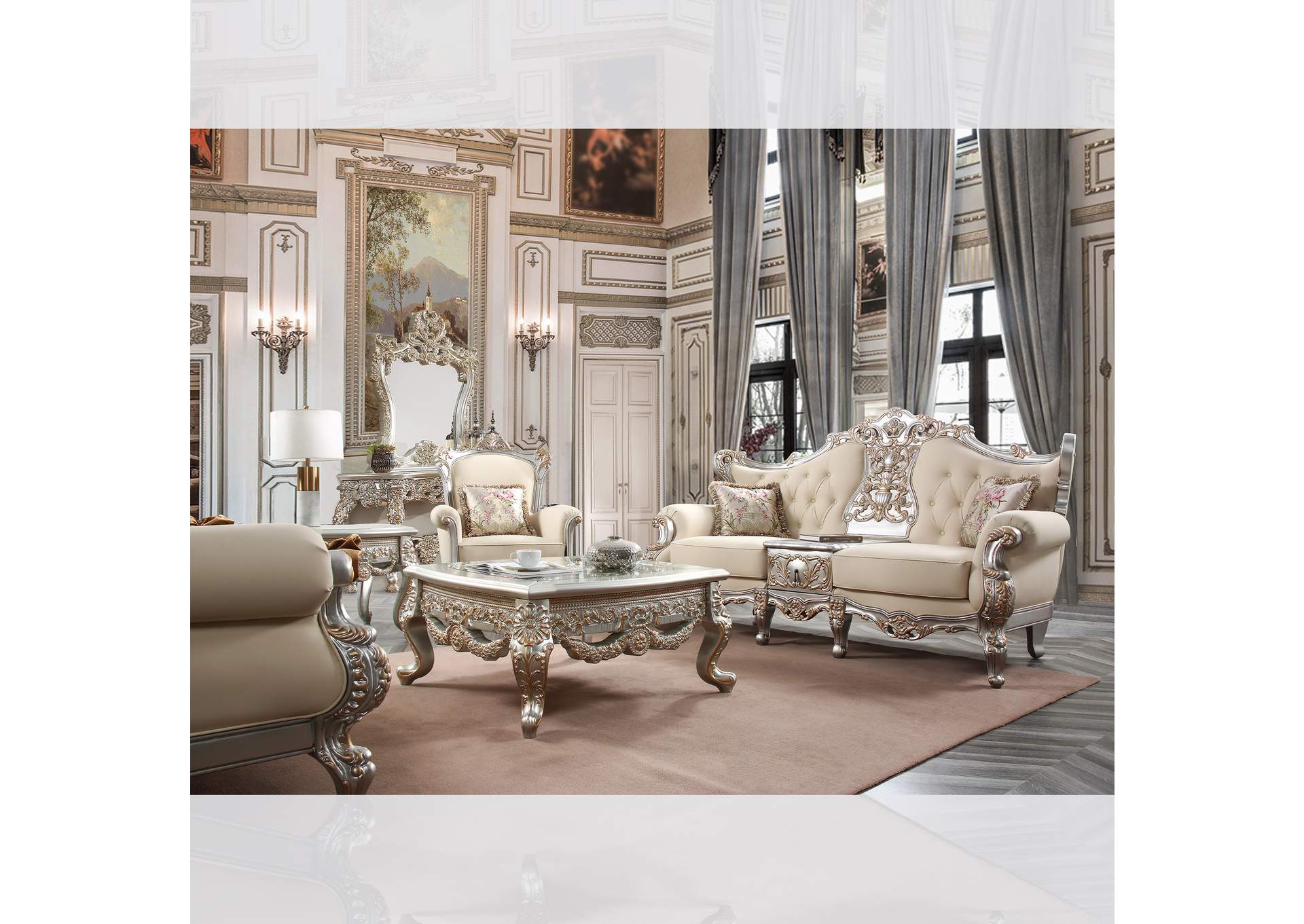 Metallic Silver With Antique Gold Trim 3 Piece French Salon Sofa Set,Homey Design