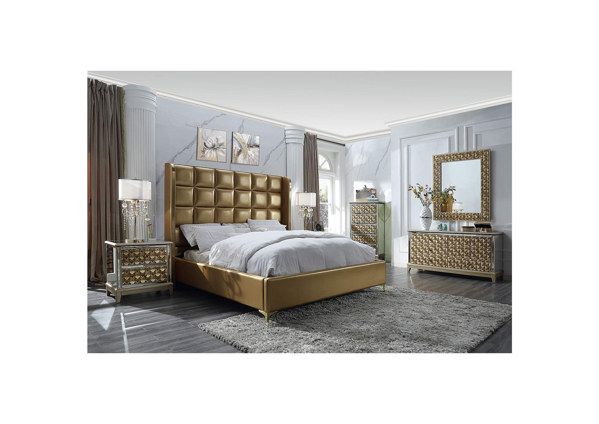 Antiqued Gold; Mirror 5 Piece Bedroom Set,Homey Design