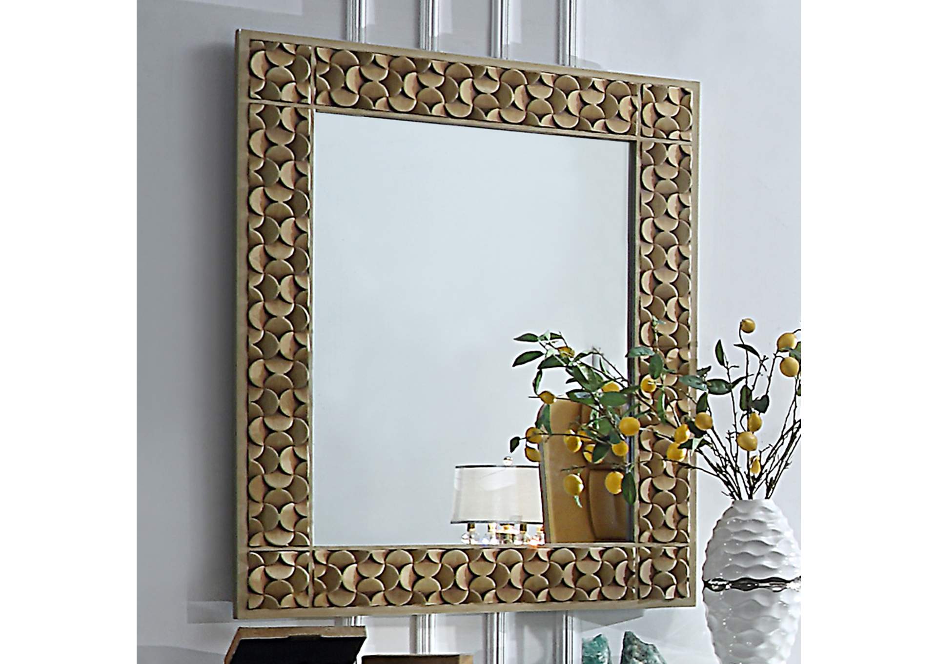 Antiqued Gold; Mirror 5 Piece Bedroom Set,Homey Design