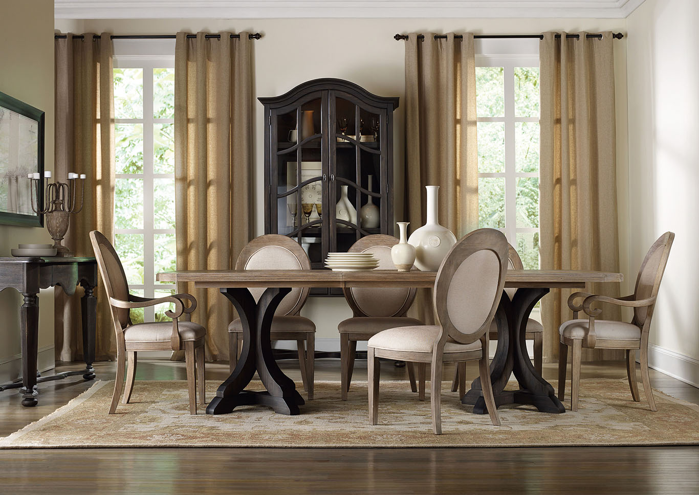 Corsica Rectangle Pedestal Dining Table, Dark Wood Dining Table With Light Chairs