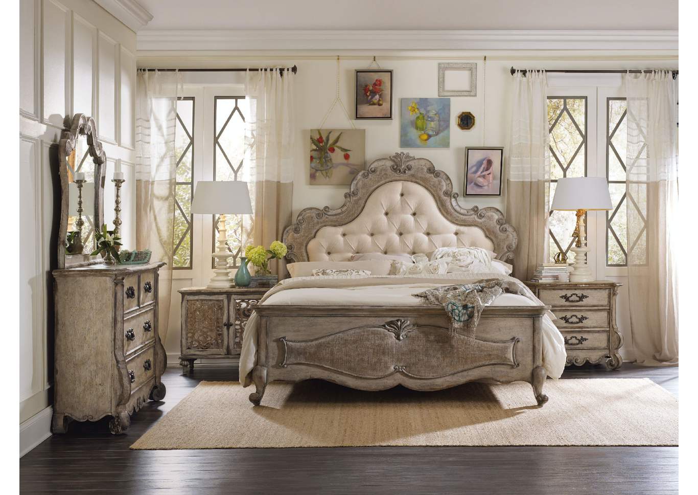 Chatelet King Upholstered Panel Bed w/ Dresser and Mirror,Hooker Furniture
