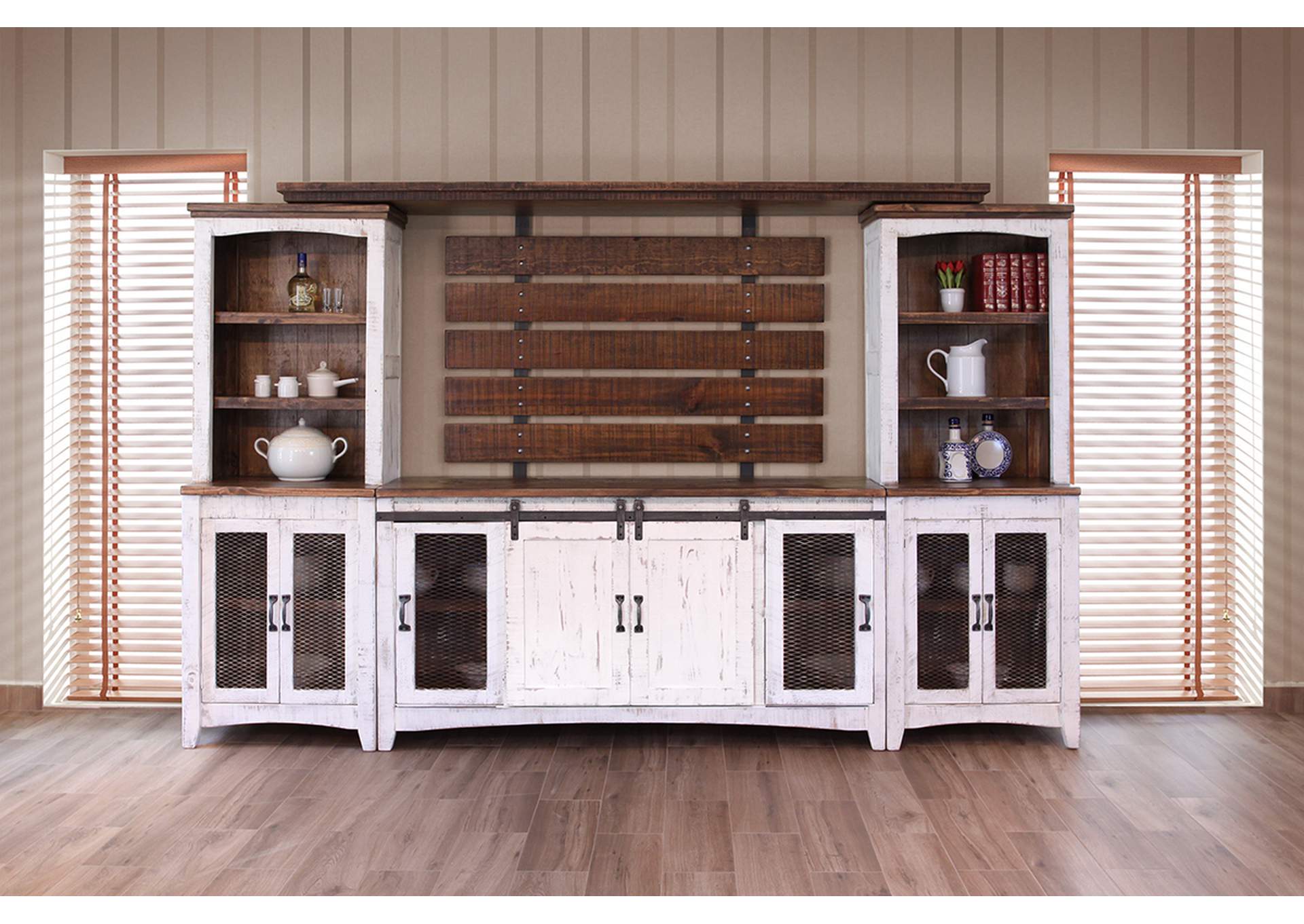 Pueblo White White antiqued & Mediun Brown 3 Shelves, 2 Door Pier,International Furniture Direct