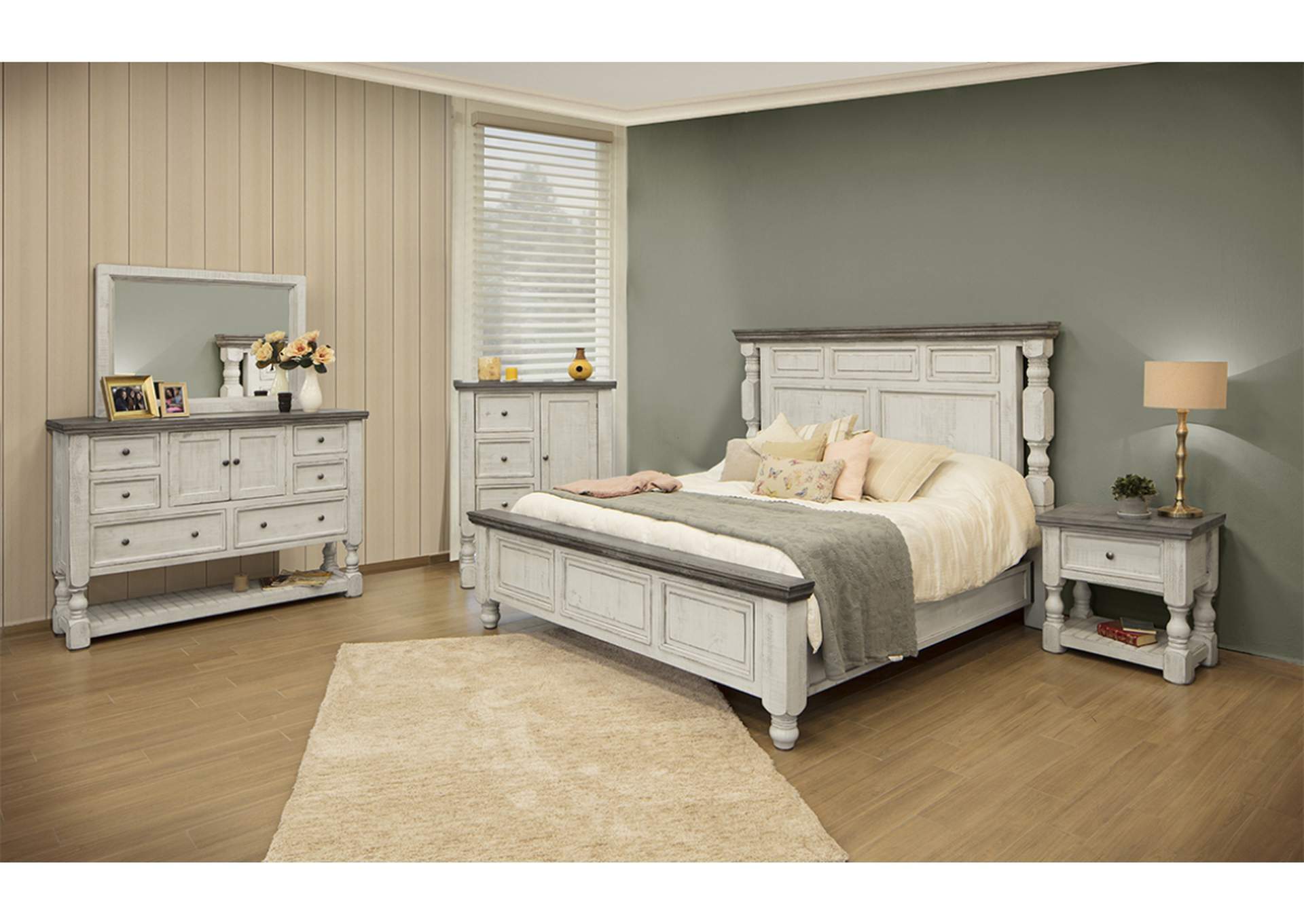 Stone Weathered gray finish &  Ivory antiqued finish Eastern King Headboard,International Furniture Direct