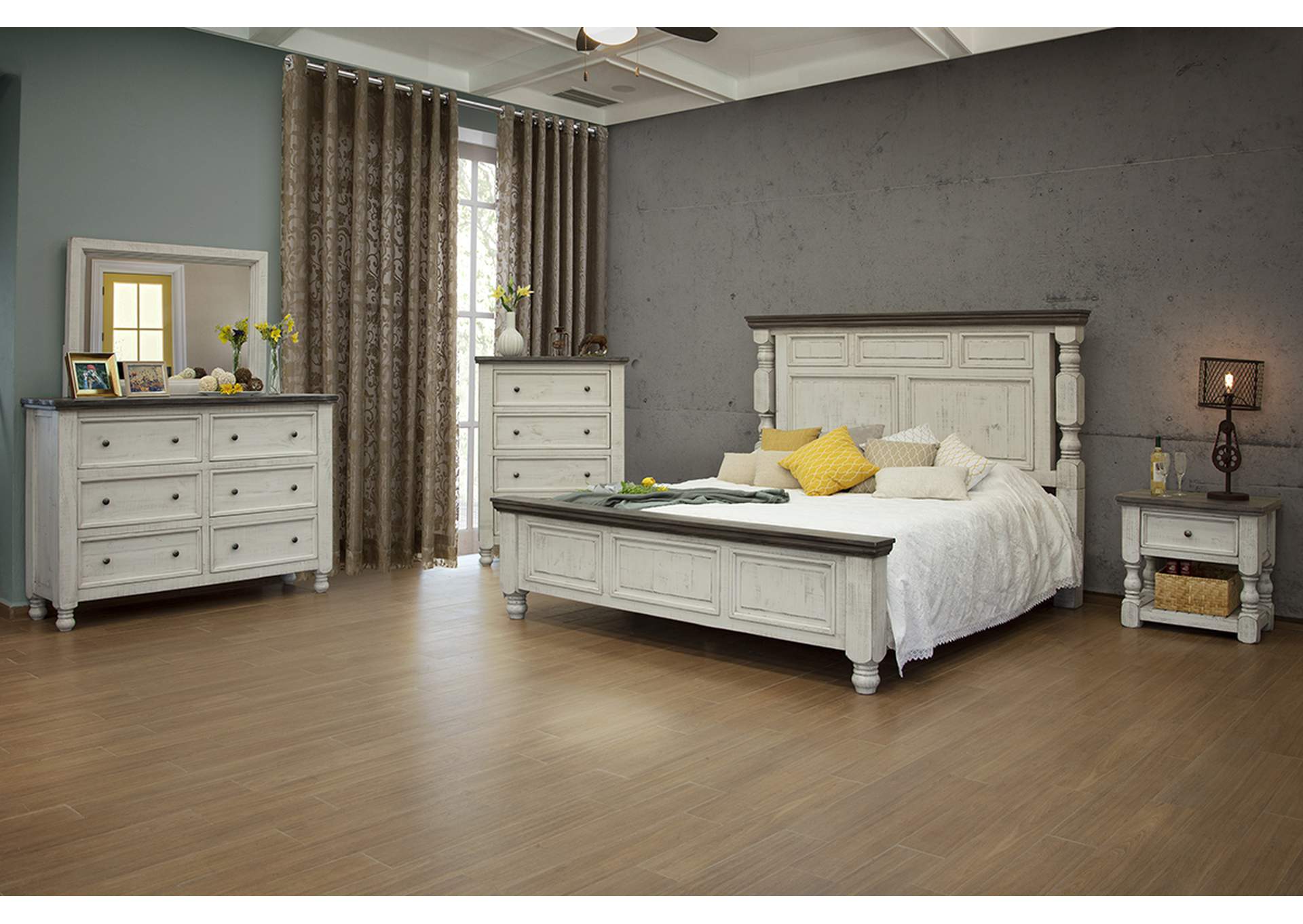 Stone Weathered gray finish &  Ivory antiqued finish Queen Headboard,International Furniture Direct