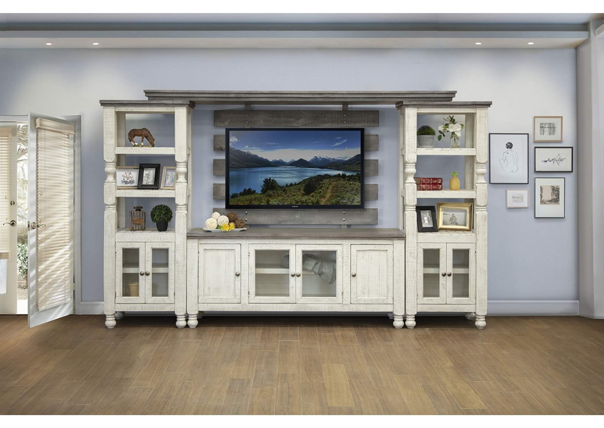 Stone Weathered gray finish &  Ivory antiqued finish 2 Door Bookcase Pier for Wall Unit,International Furniture Direct