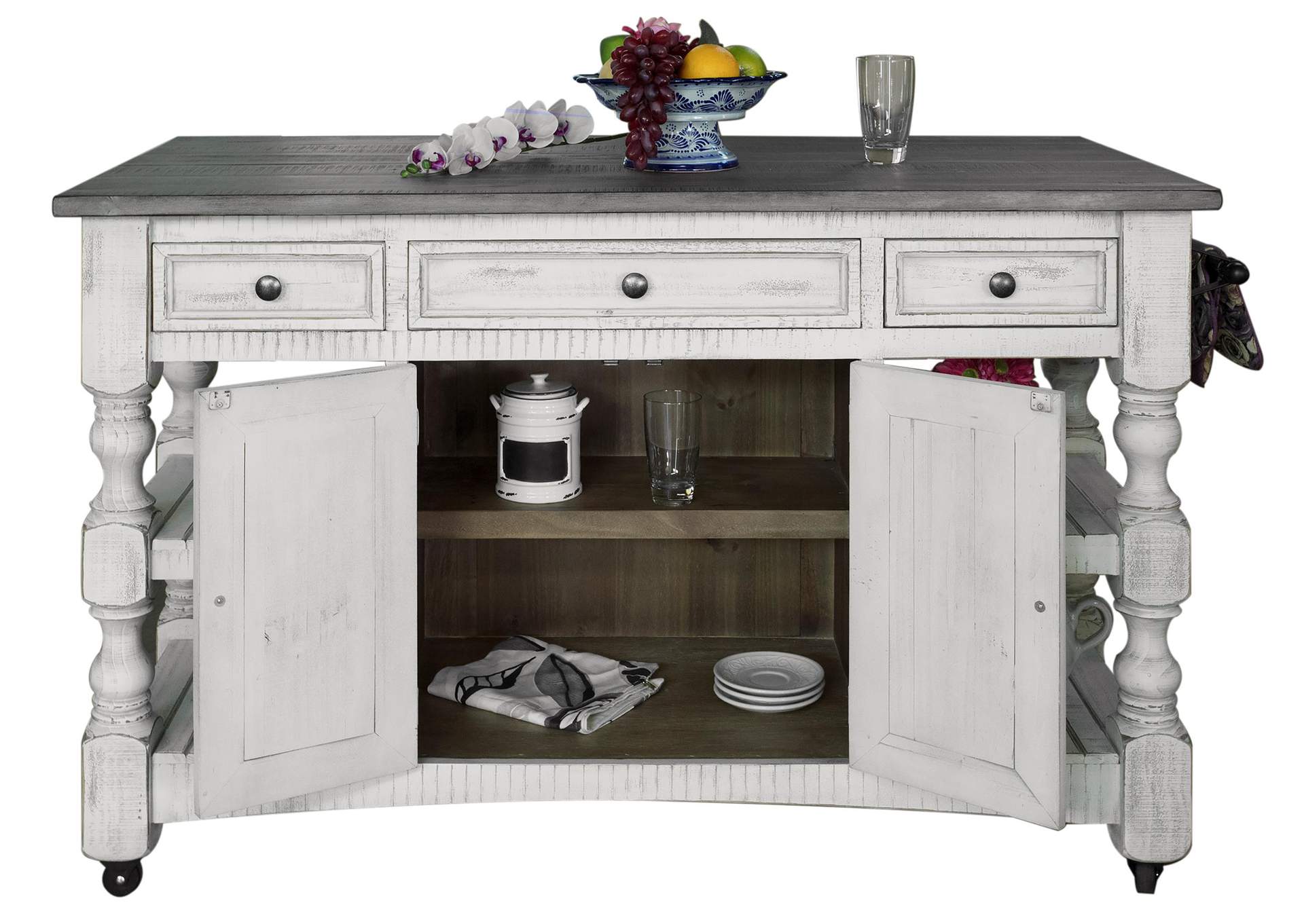 Stone Kitchen Island w/3 Drawer, 2 doors, 4 Shelves & casters,International Furniture Direct