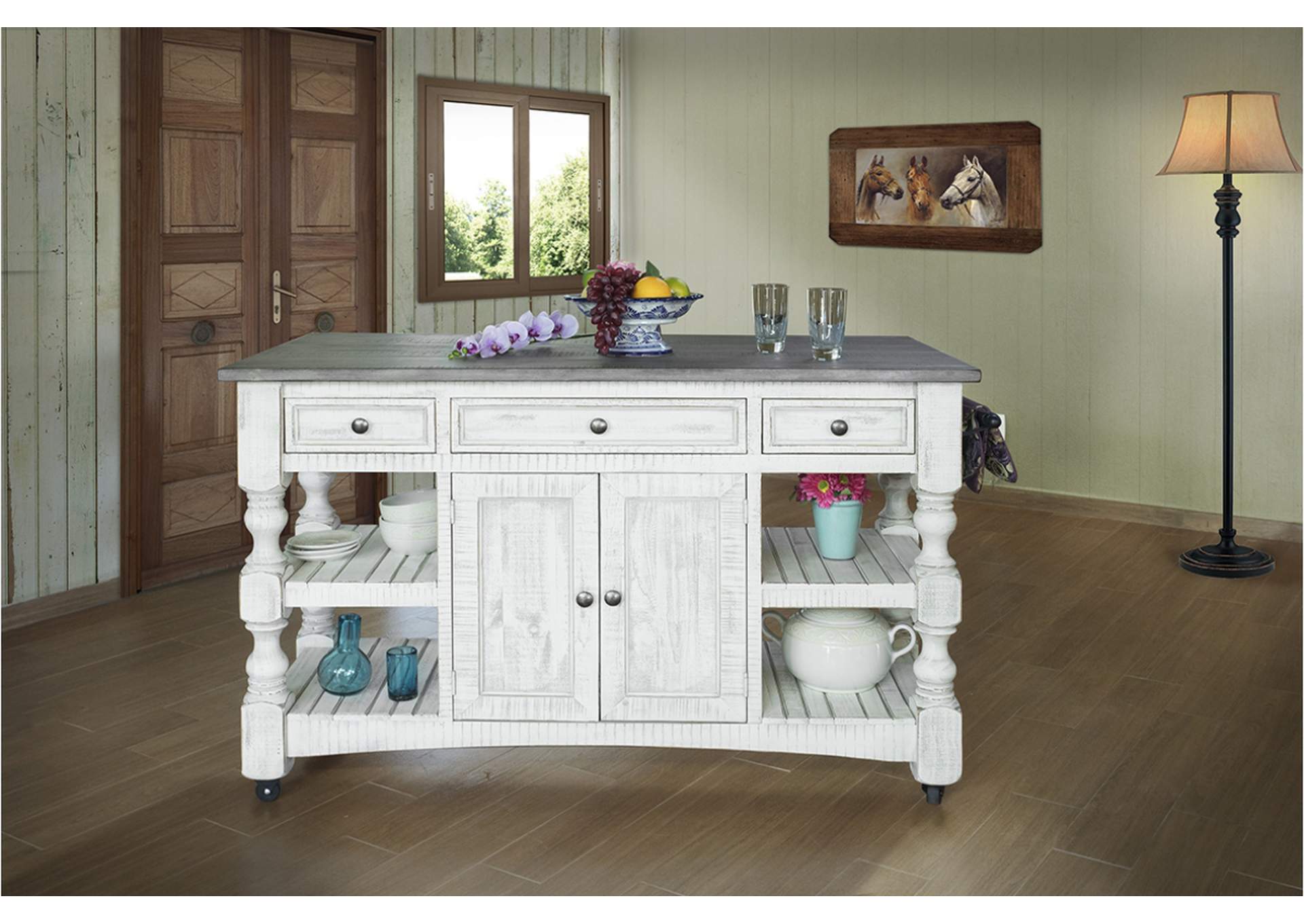 Stone Kitchen Island w/3 Drawer, 2 doors, 4 Shelves & casters,International Furniture Direct