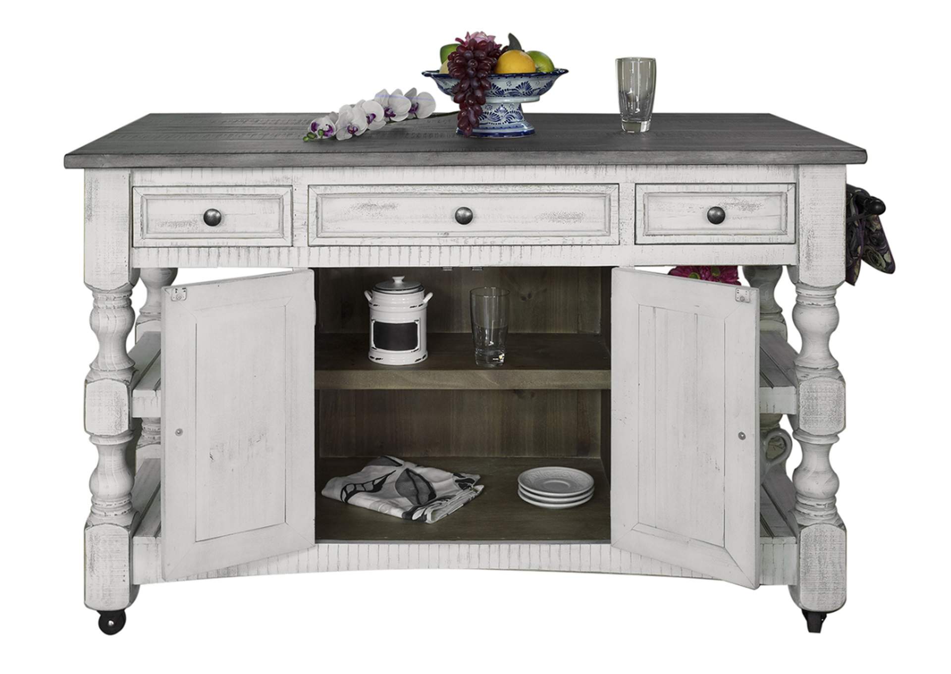 Stone Kitchen Island w/3 Drawer, 2 doors, 4 Shelves & casters,International Furniture Direct