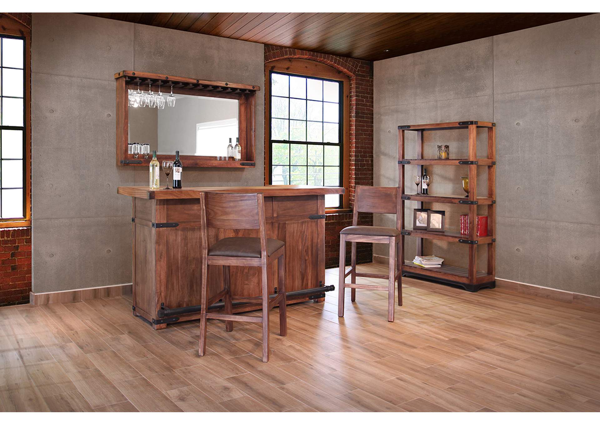 Parota Natural Two tone Mirror Bar w/Glass Holders & Shelf,International Furniture Direct