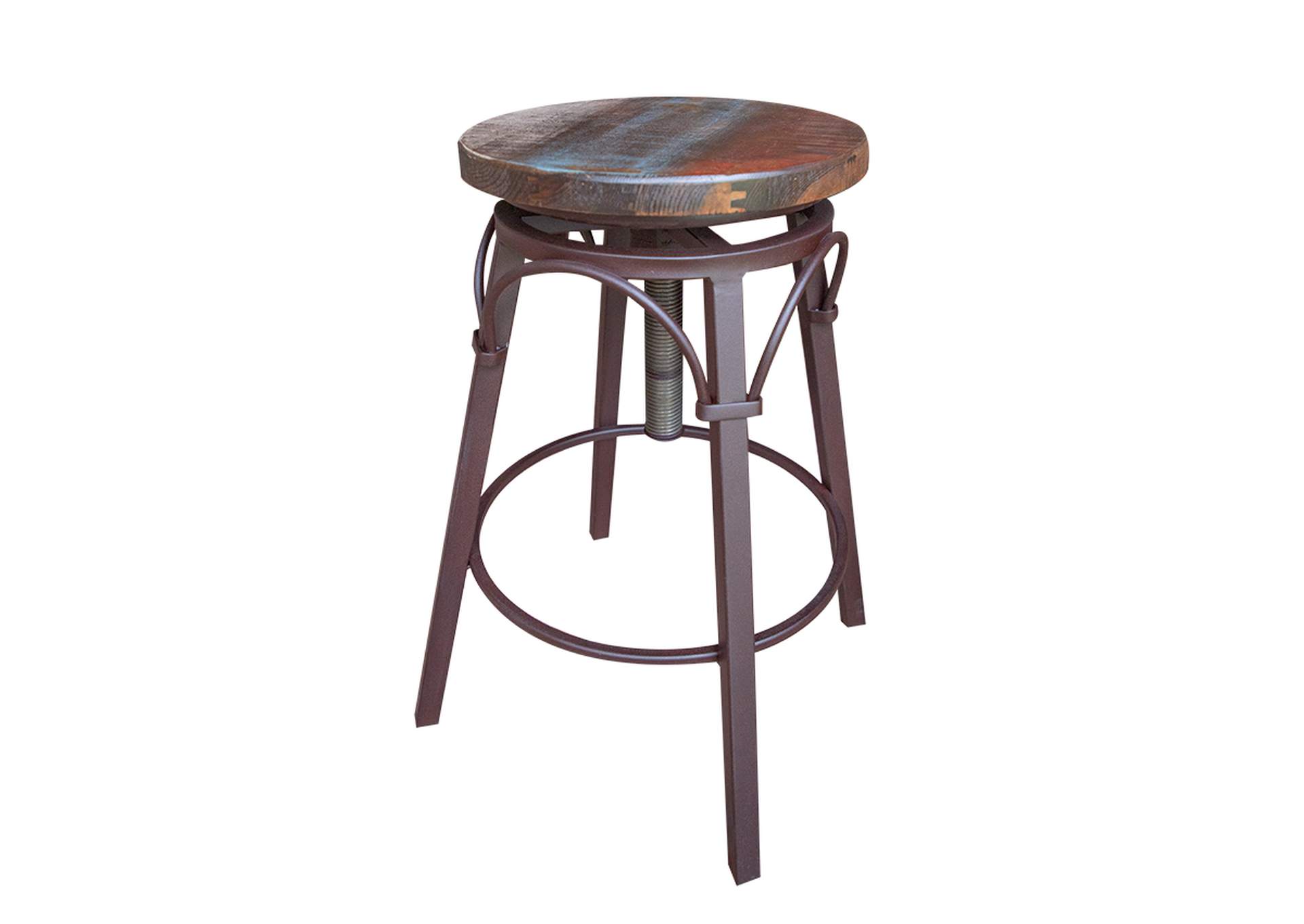 Antique Multicolor 24-30" Adjustable Swivel Stool, wooden seat, straight leg,International Furniture Direct