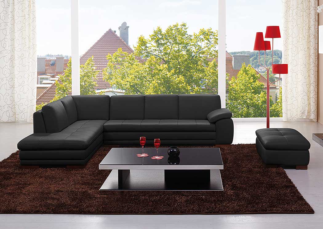Black Italian Leather Left Facing, Black Leather Sectional With Ottoman