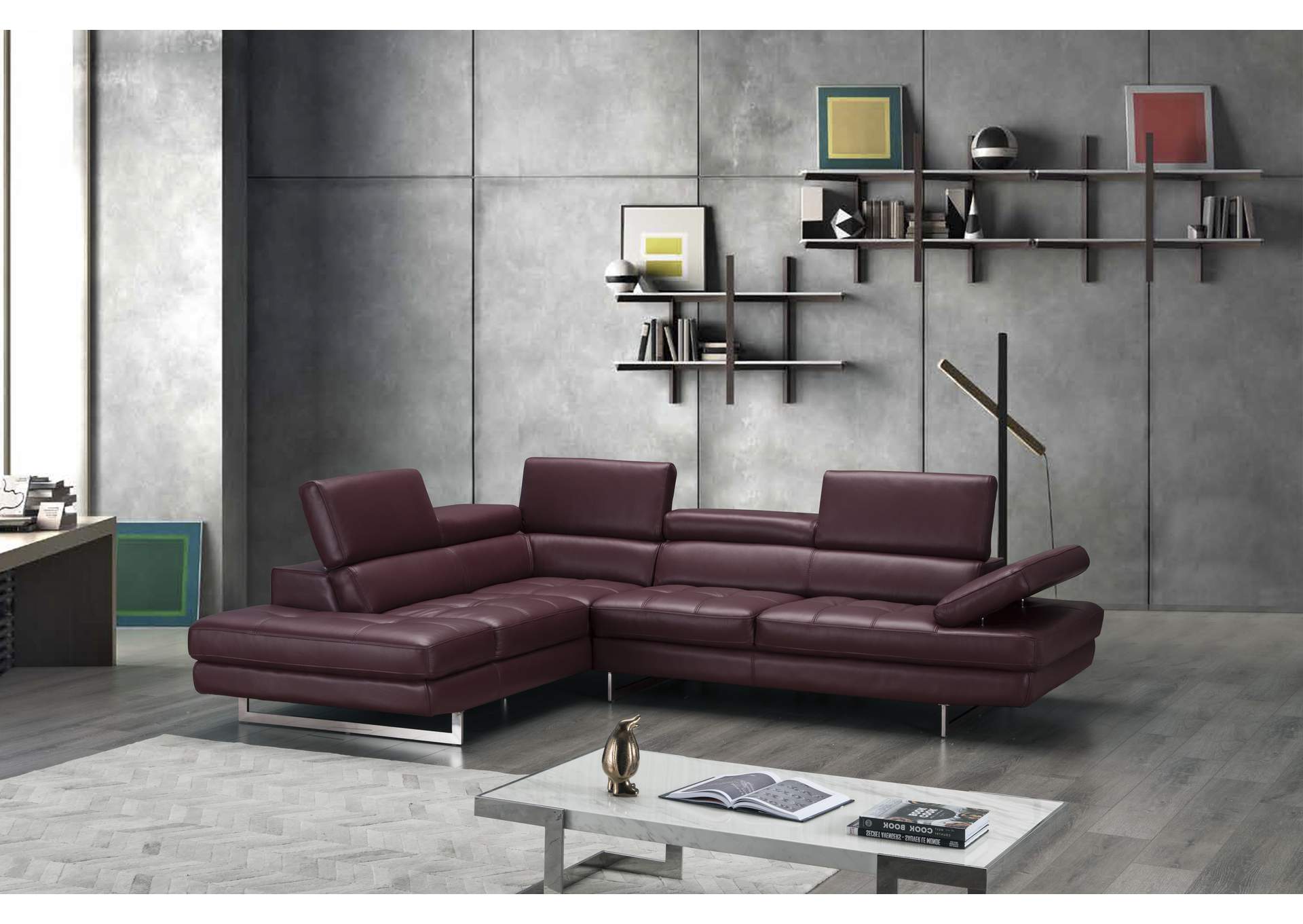 A761 Italian Leather Sectional Maroon In Left Hand Facing,J&M Furniture