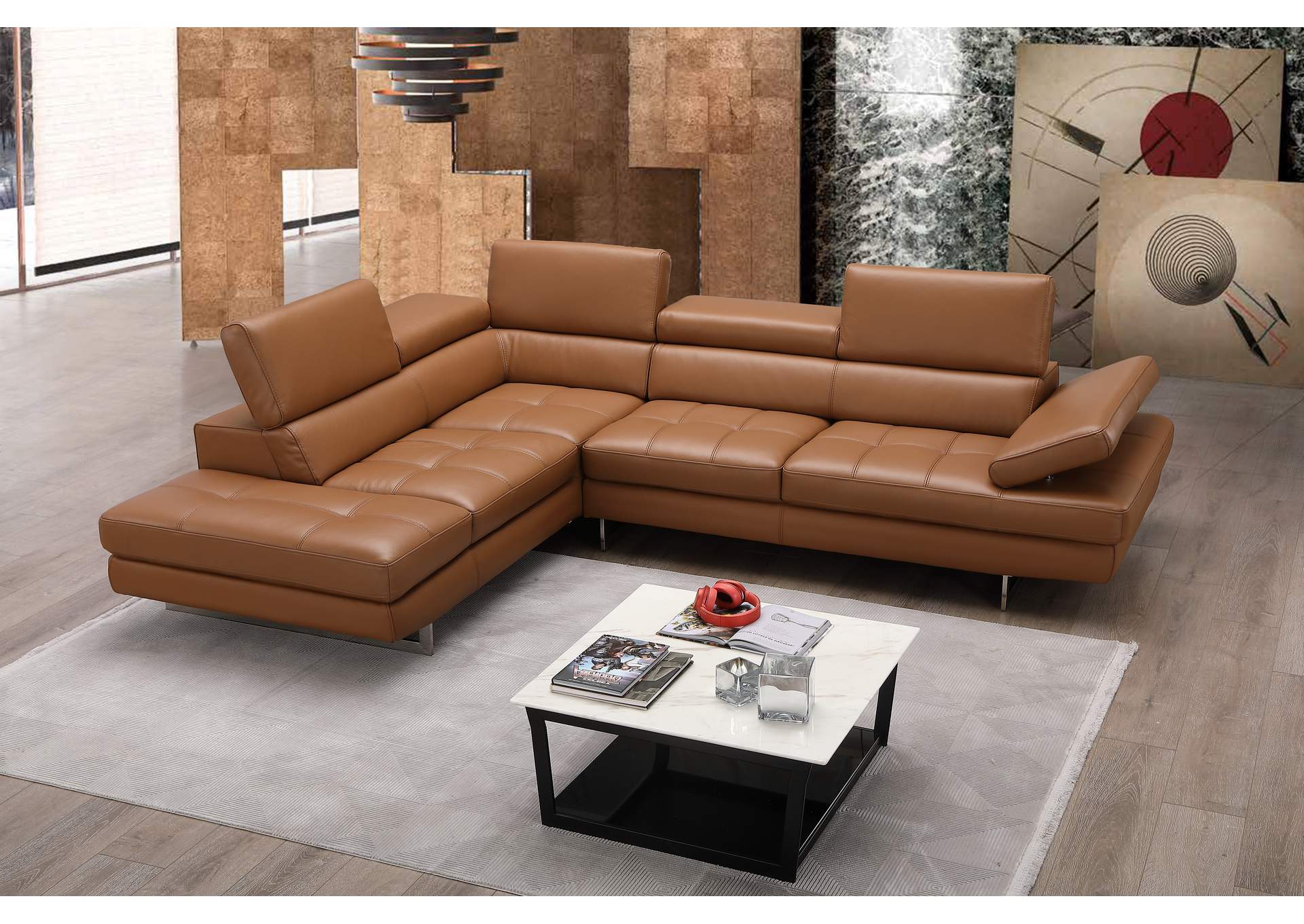 A761 Italian Leather Sectional Caramel, Italian Leather Sectional