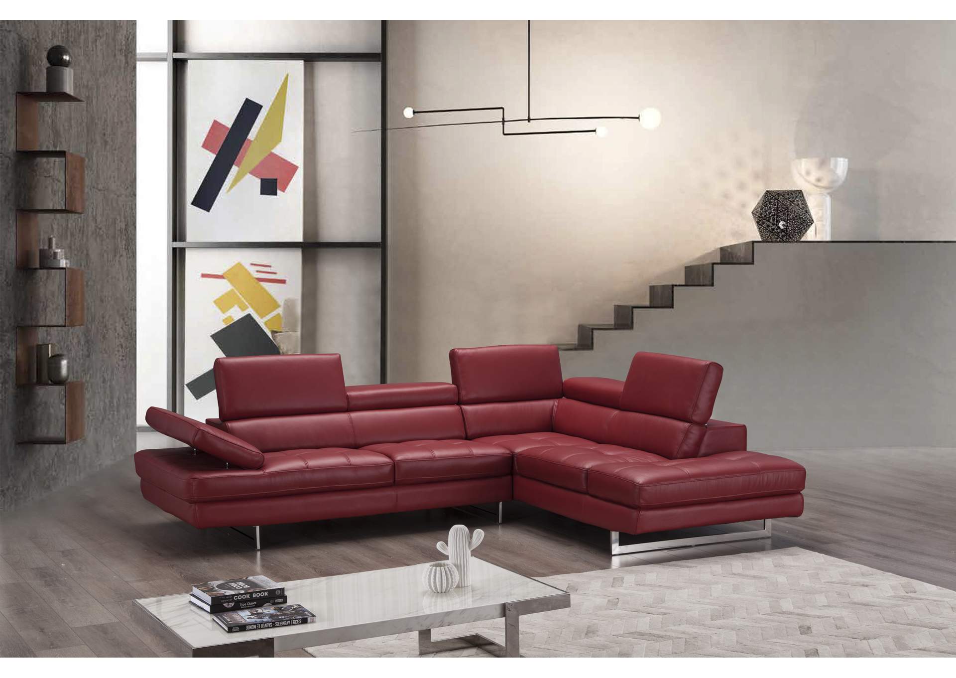 A761 Italian Leather Sectional Red In Right Hand Facing,J&M Furniture