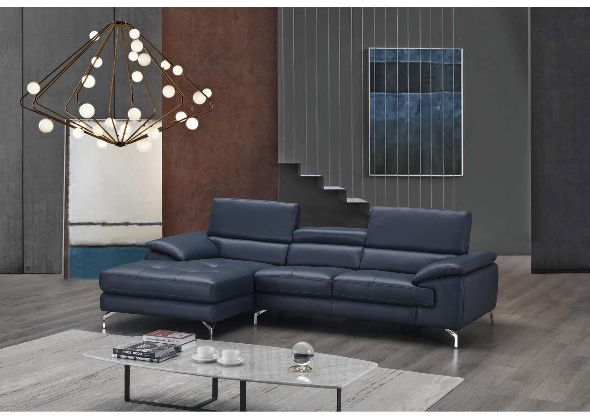 A973B Italian Leather Mini Sectional Left Facing Chaise In Blue,J&M Furniture