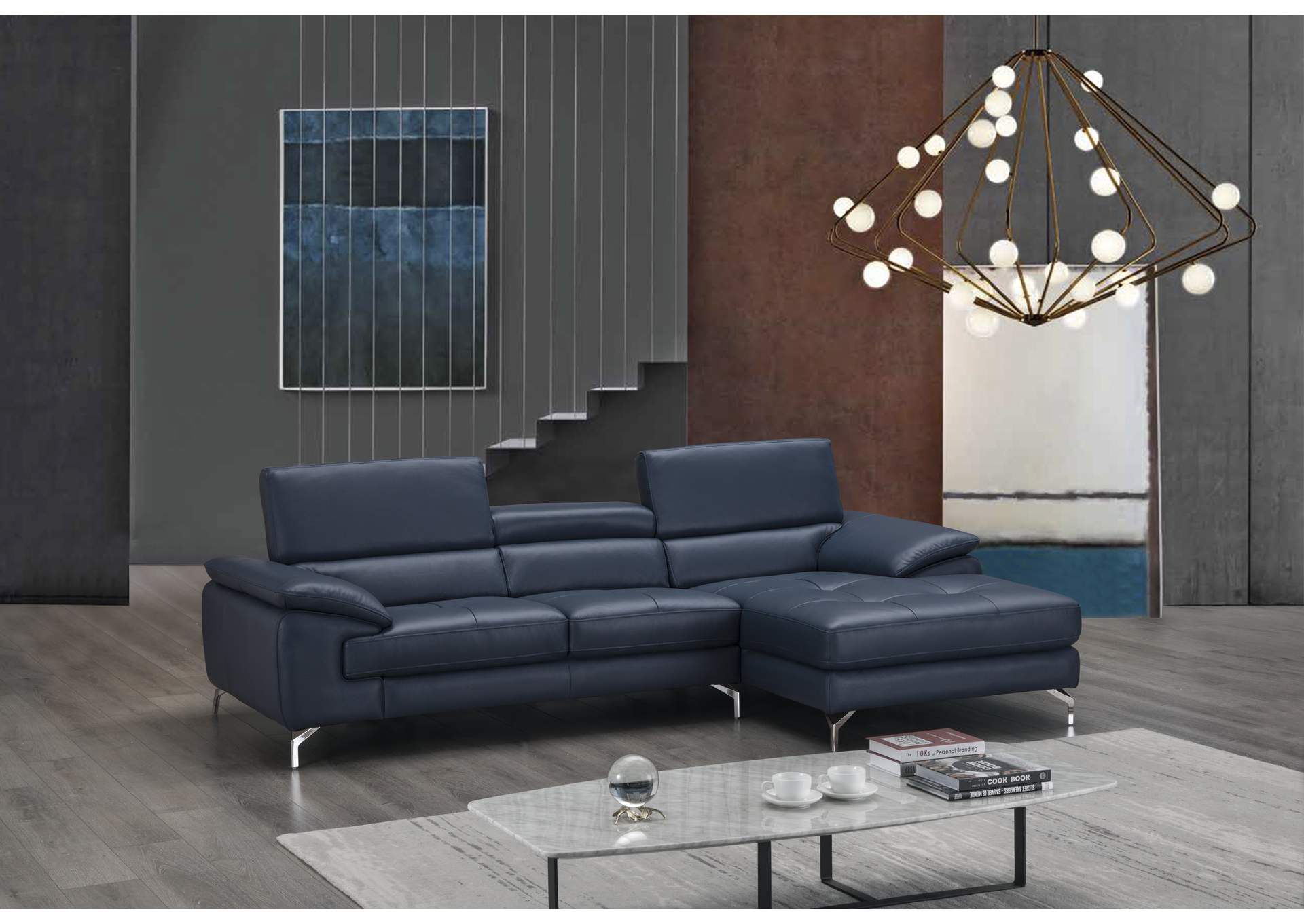 A973B Italian Leather Mini Sectional Right Facing Chaise In Blue,J&M Furniture