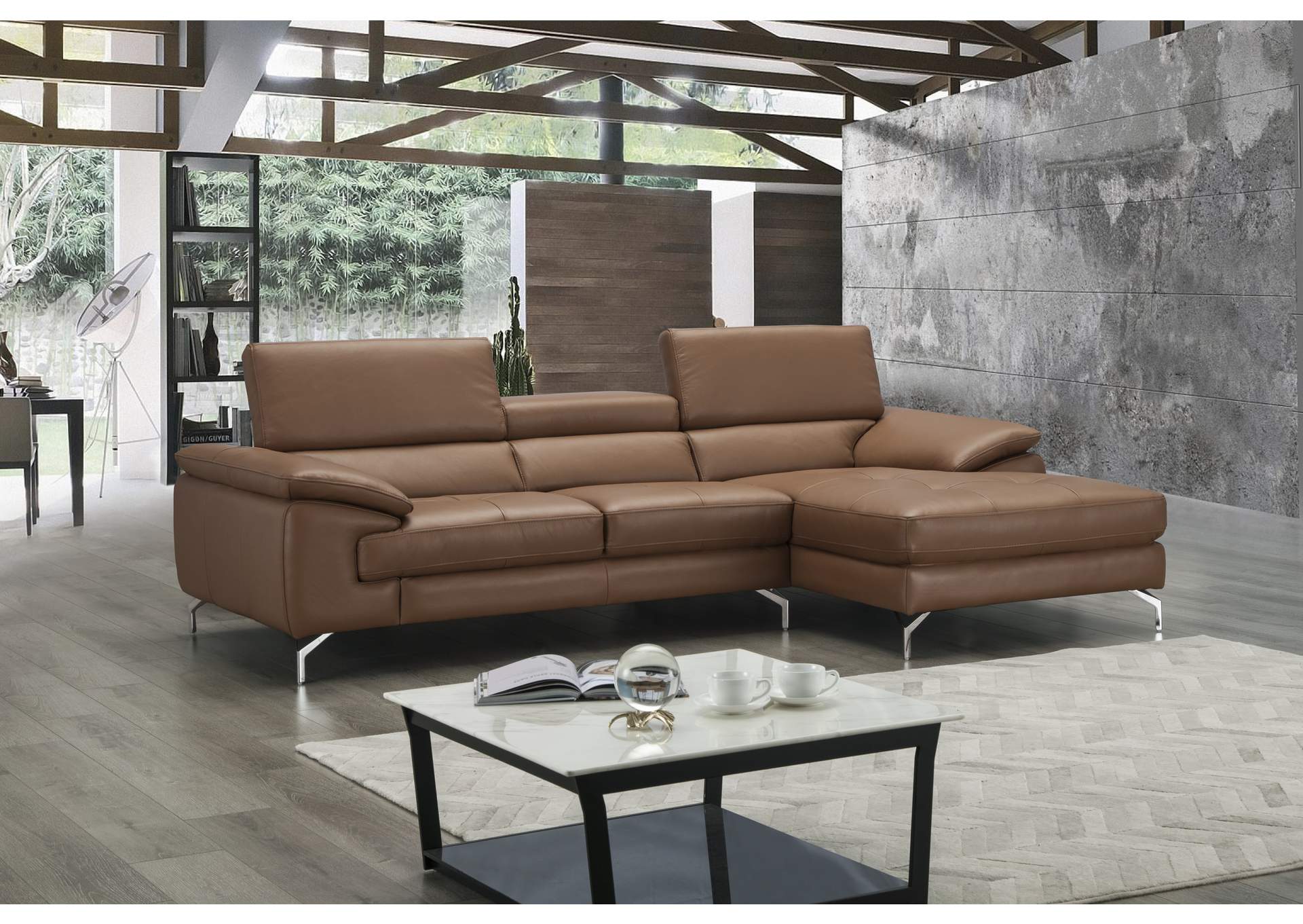 A973B Italian Leather Mini Sectional Right Facing Chaise In Caramel,J&M Furniture