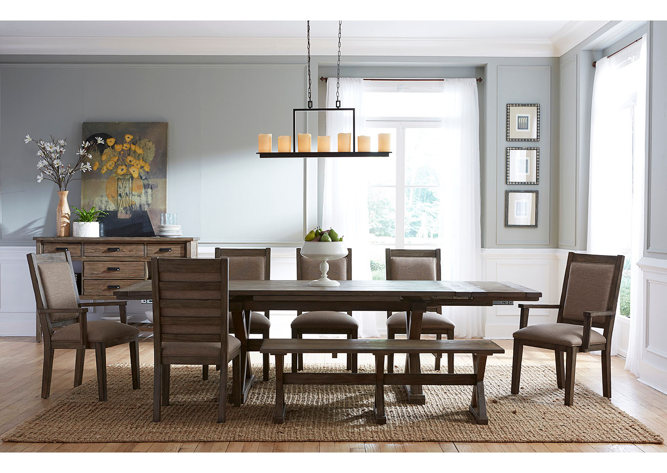 Foundry Driftwood Dining Set w/4 Upholstered Side Chairs, 2 Upholstered Arm Chairs & Bench,Kincaid