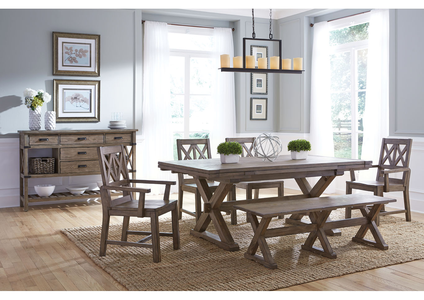 Foundry Driftwood Dining Set w/2 Wood Side Chairs, 2 Wood Arm Chairs & Bench,Kincaid