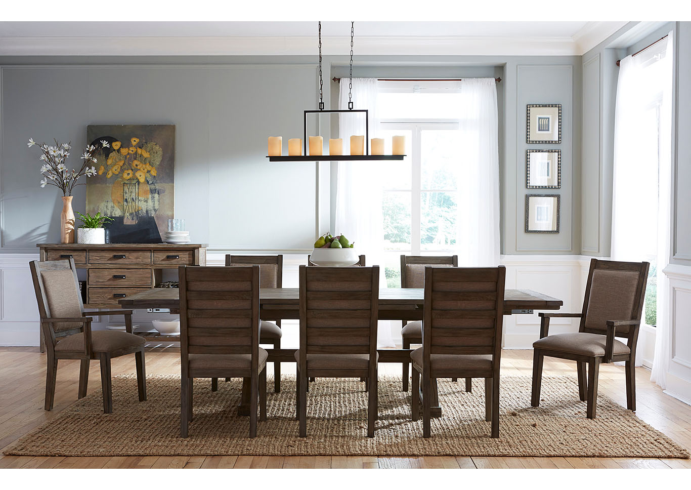 Foundry Driftwood Dining Set w/6 Upholstered Side Chairs & 2 Upholstered Arm Chairs,Kincaid