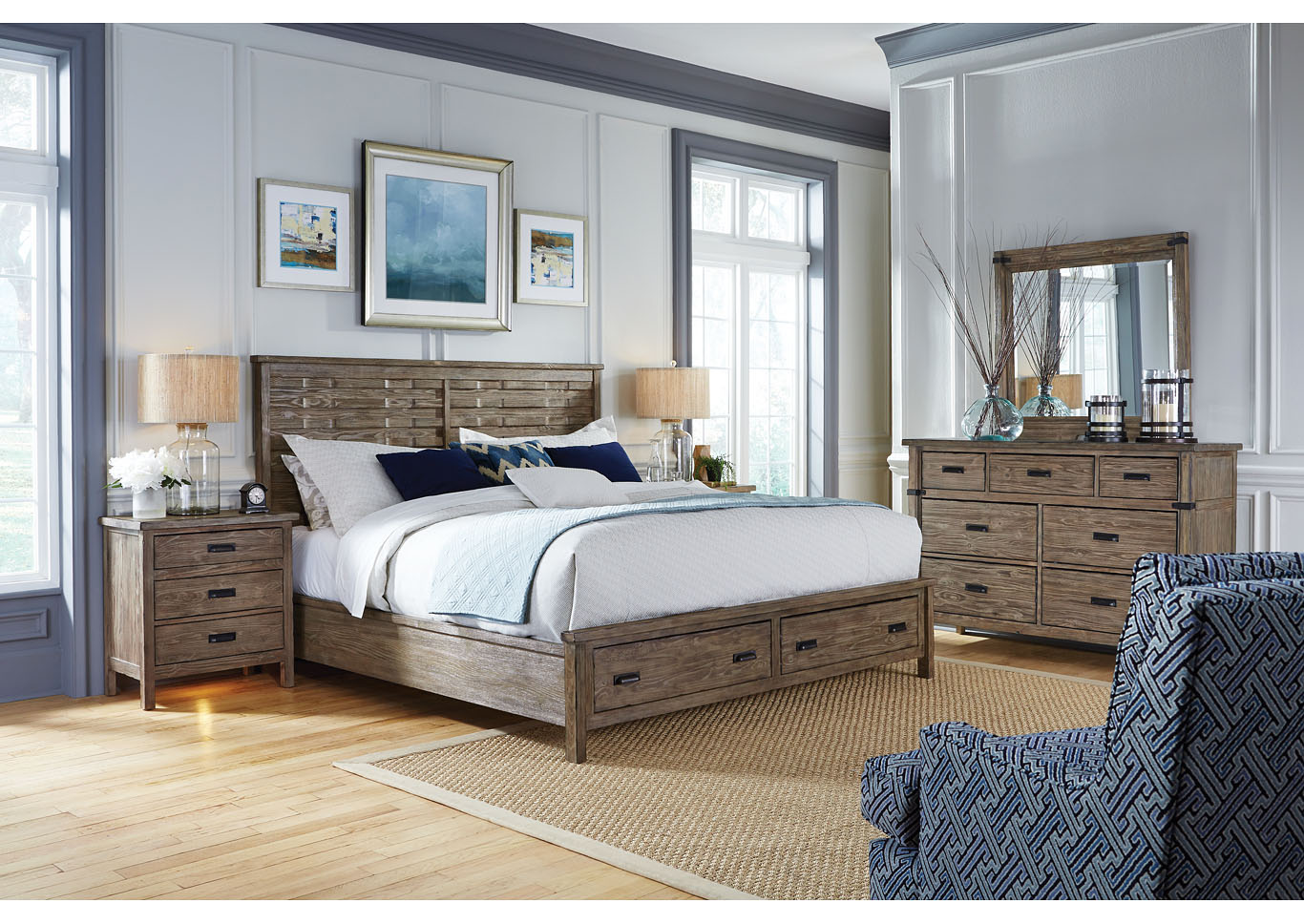 Foundry Driftwood Storage King Panel Bed w/Dresser & Mirror,Kincaid