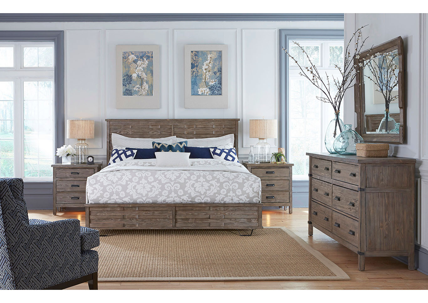 Foundry Driftwood King Panel Bed w/Dresser & Mirror,Kincaid