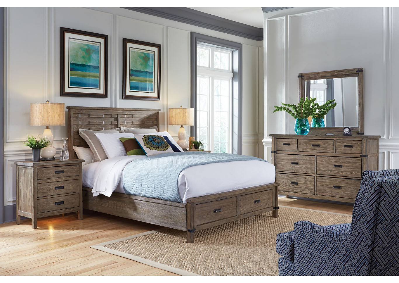 Foundry Driftwood Storage Queen Panel Bed w/Dresser & Mirror,Kincaid