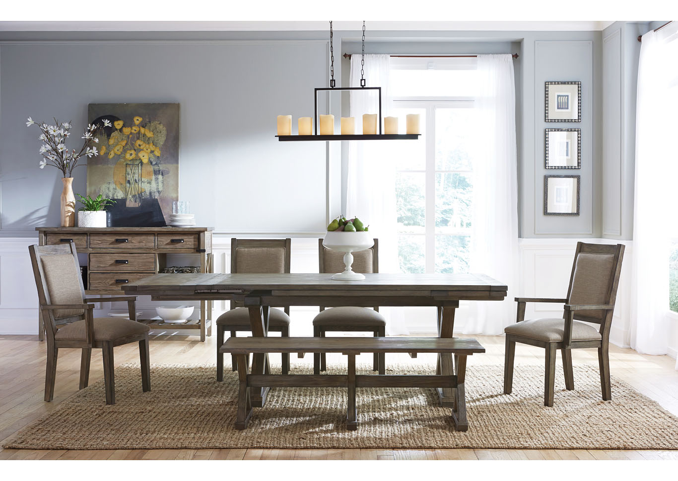 Foundry Driftwood Dining Set w/2 Upholstered Side Chairs, 2 Upholstered Arm Chairs & Bench,Kincaid