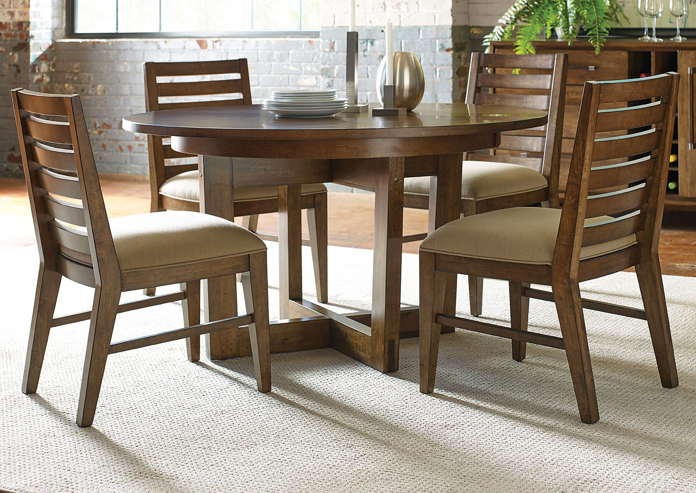 Traverse Nutmeg Round Dining Set w/4 Ladderback Side Chairs,Kincaid