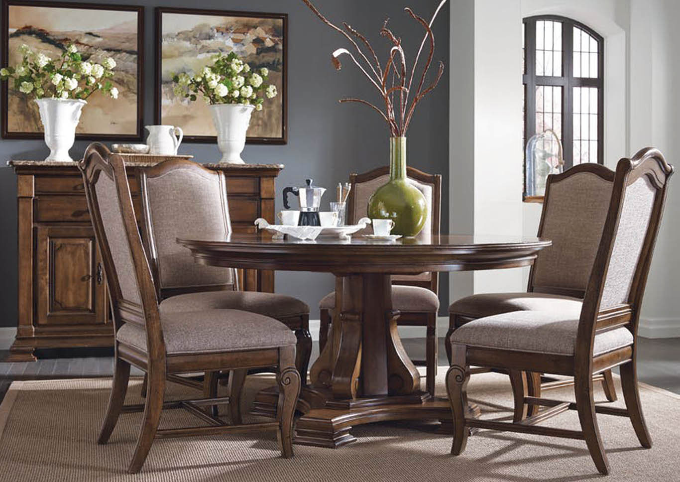 Portolone Truffle Round Dining Table w/4 Upholstered Side Chairs,Kincaid