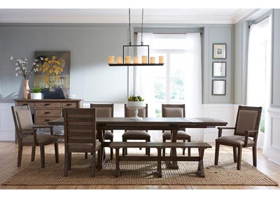 Foundry Driftwood Dining Set w/4 Upholstered Side Chairs, 2 Upholstered Arm Chairs & Bench