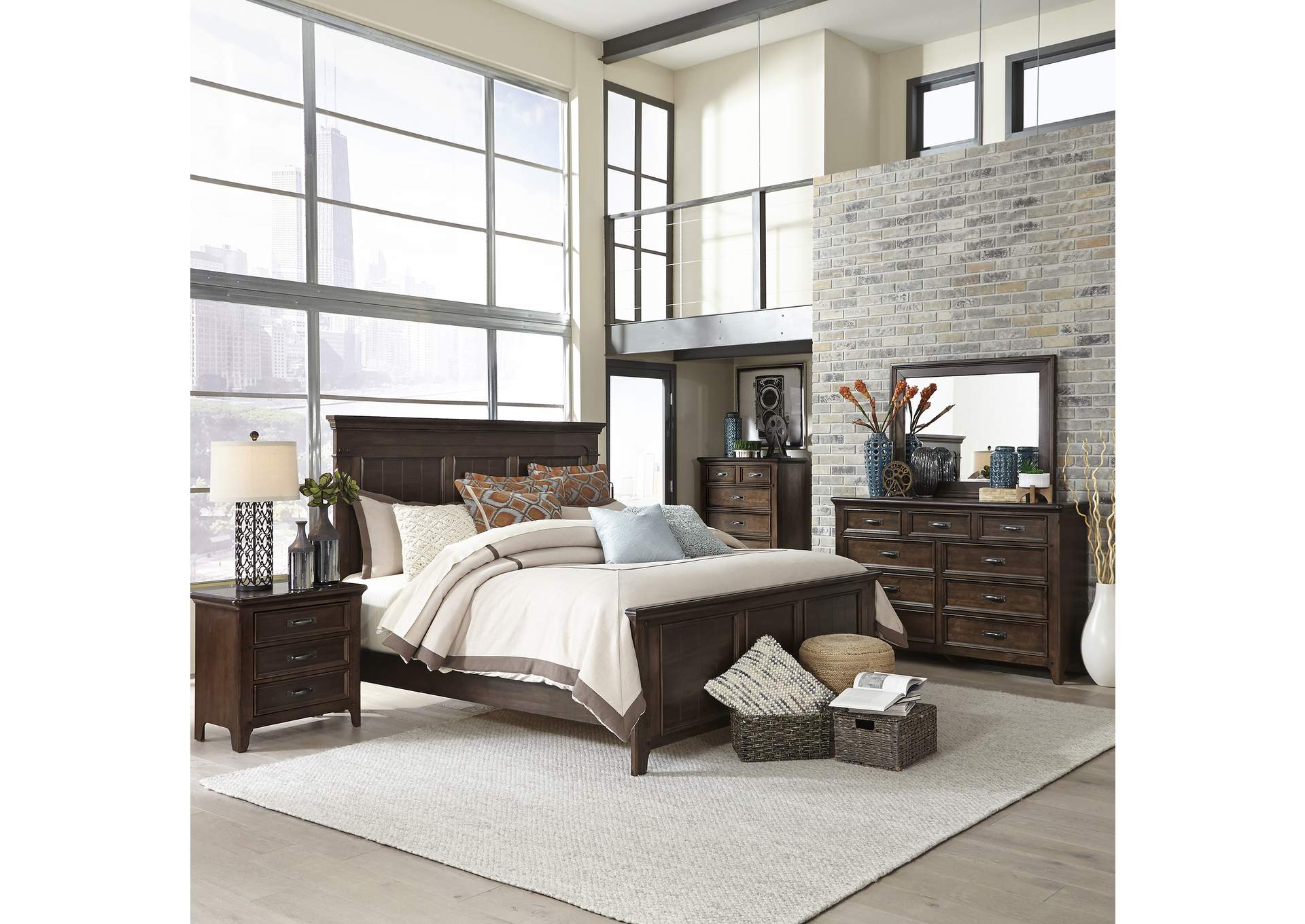 Saddlebrook King Panel Bed, Dresser & Mirror, Chest, Nightstand,Liberty