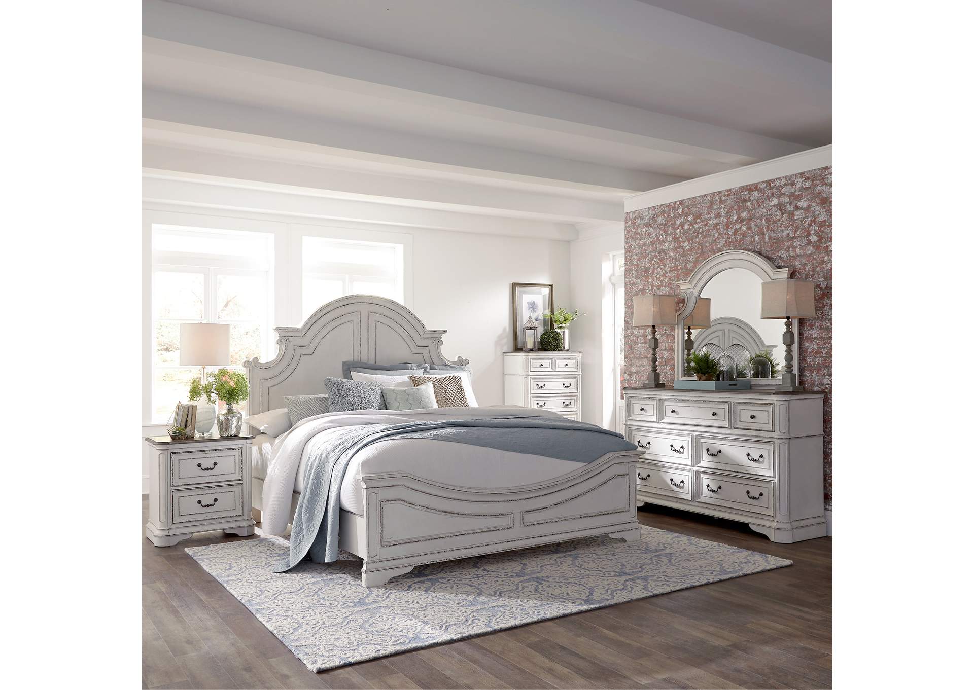 Magnolia Manor King Panel Bed, Dresser & Mirror, Chest, Nightstand,Liberty