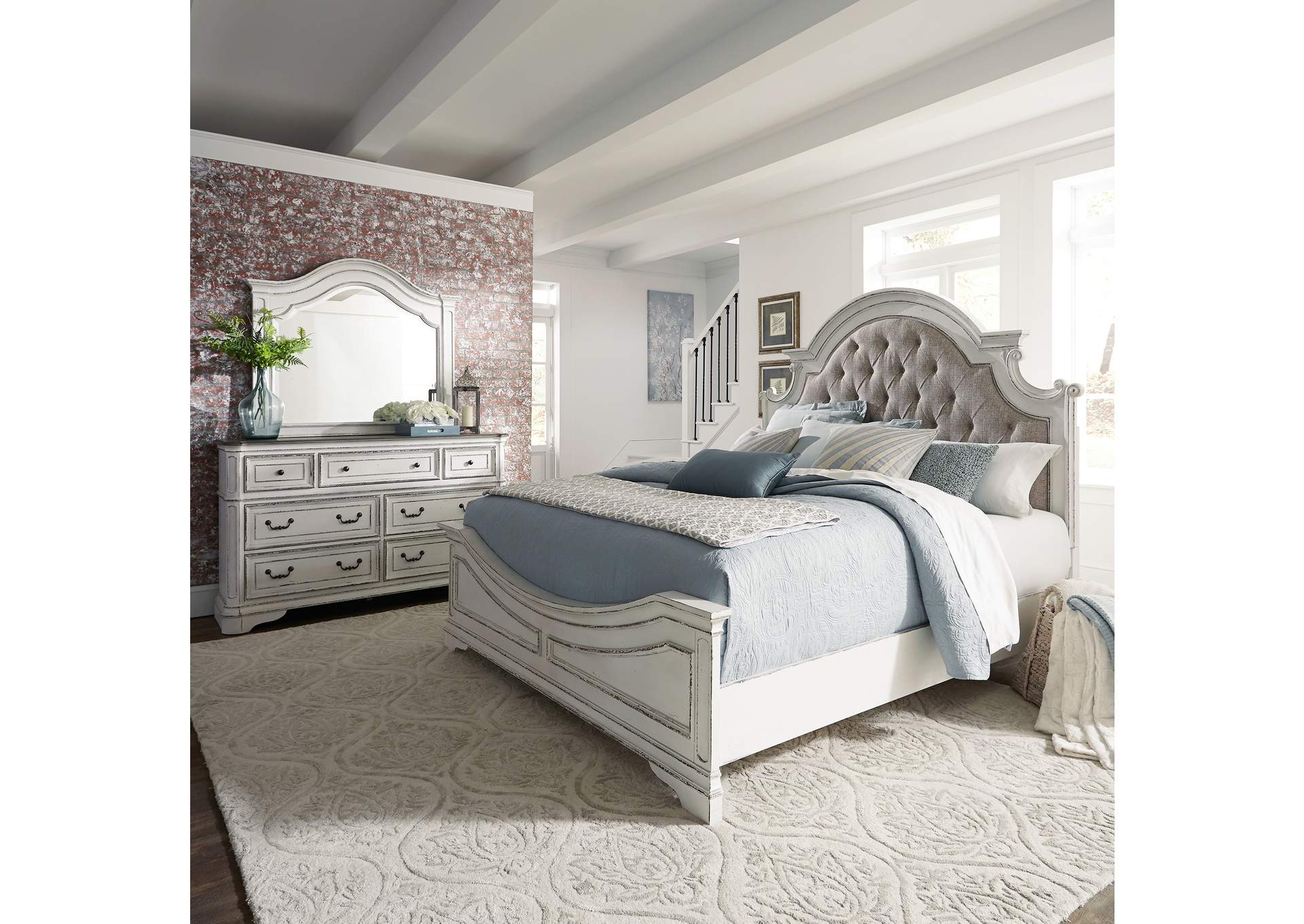 Magnolia Manor King Upholstered Bed, Dresser & Mirror,Liberty