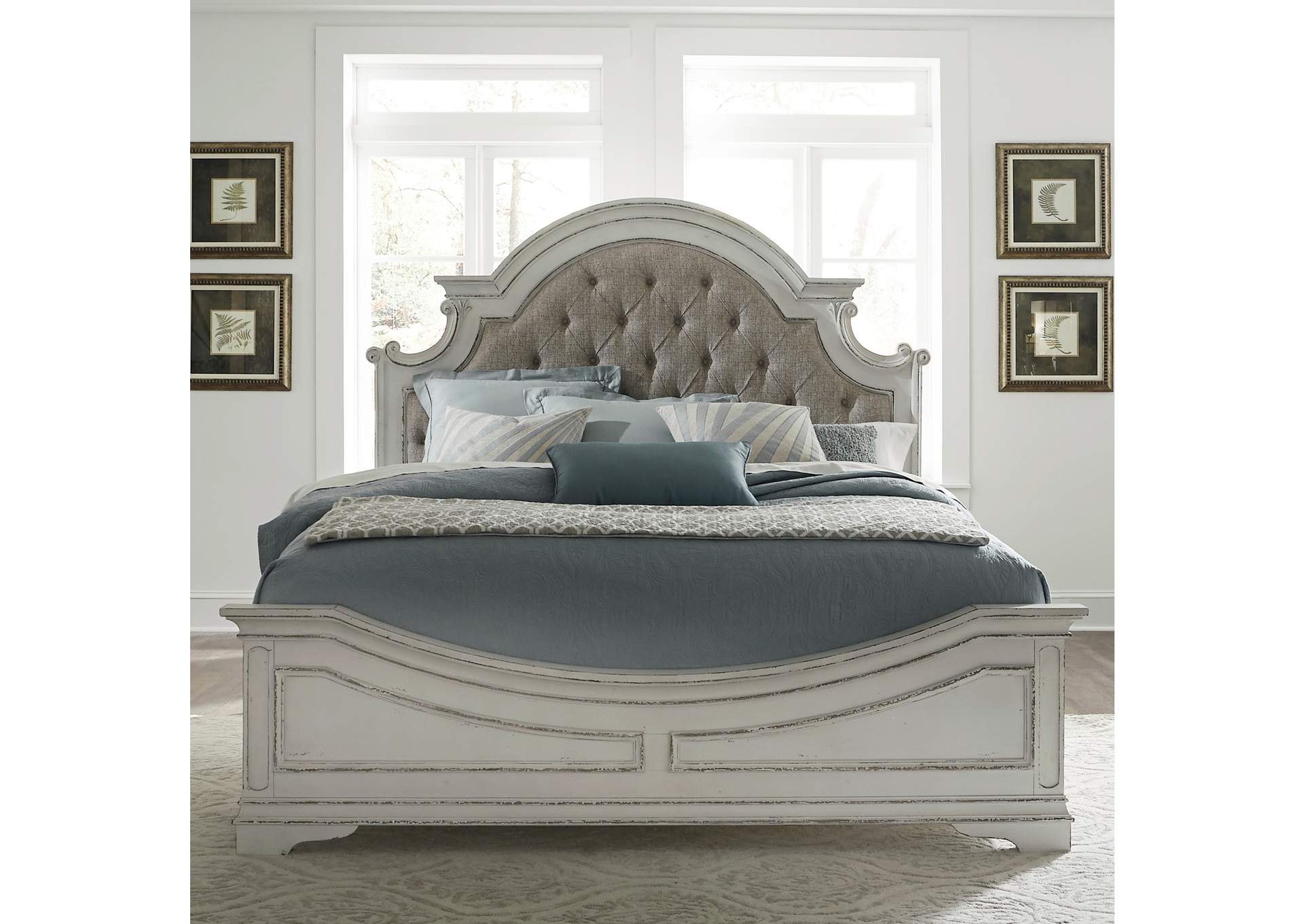 Magnolia Manor King Upholstered Bed, Dresser & Mirror, Chest, Nightstand,Liberty