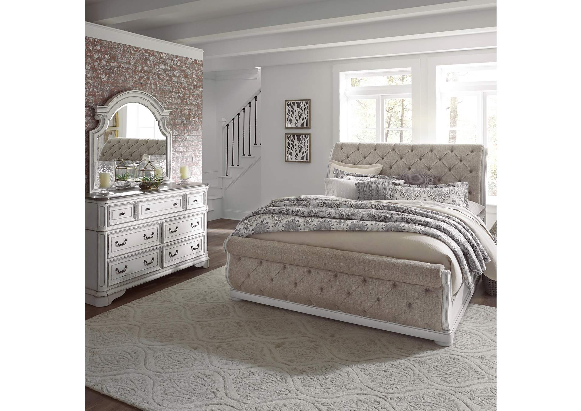 Magnolia Manor King Upholstered Sleigh Bed, Dresser & Mirror,Liberty