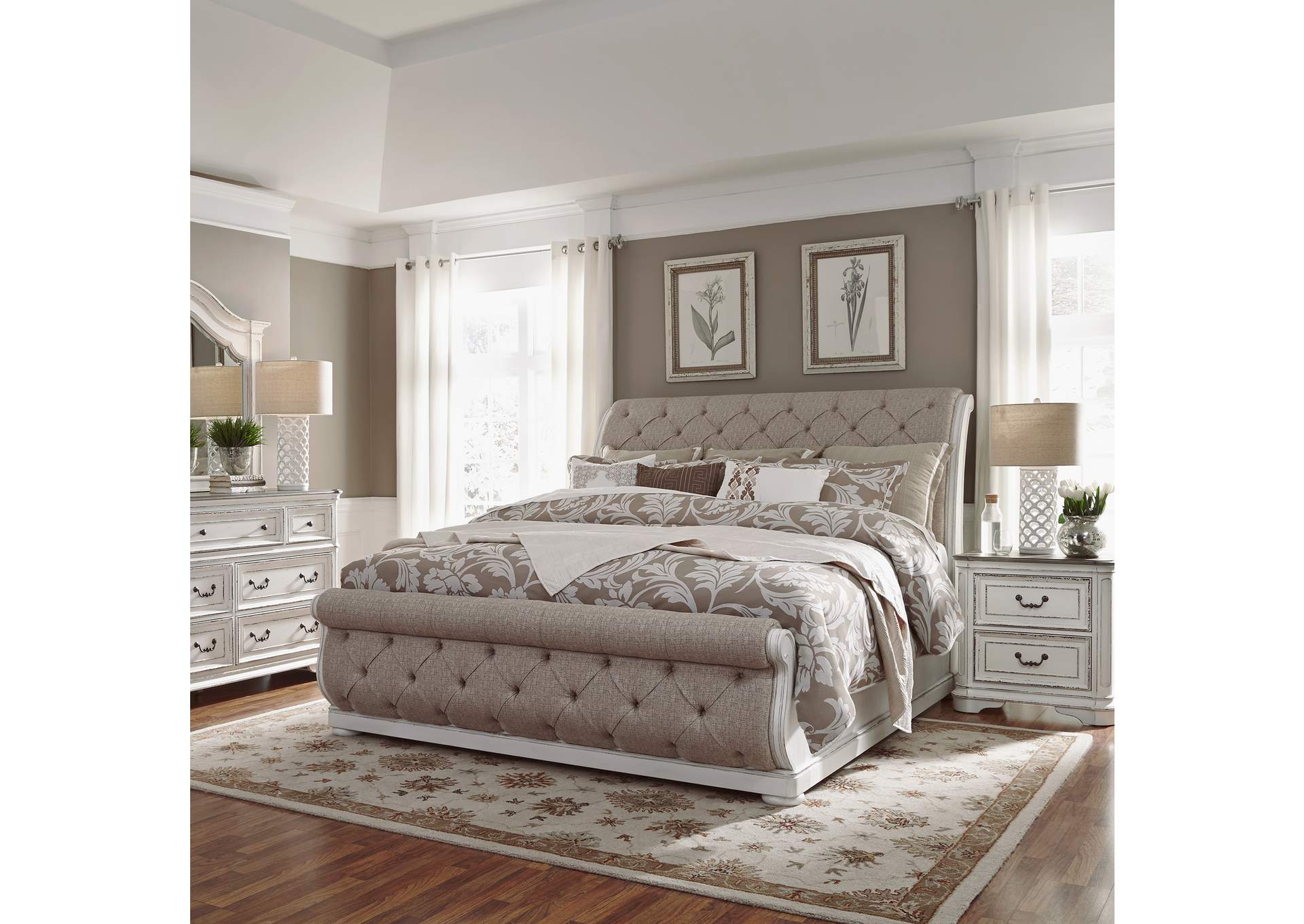 Magnolia Manor King Upholstered Sleigh Bed, Dresser & Mirror, Nightstand,Liberty