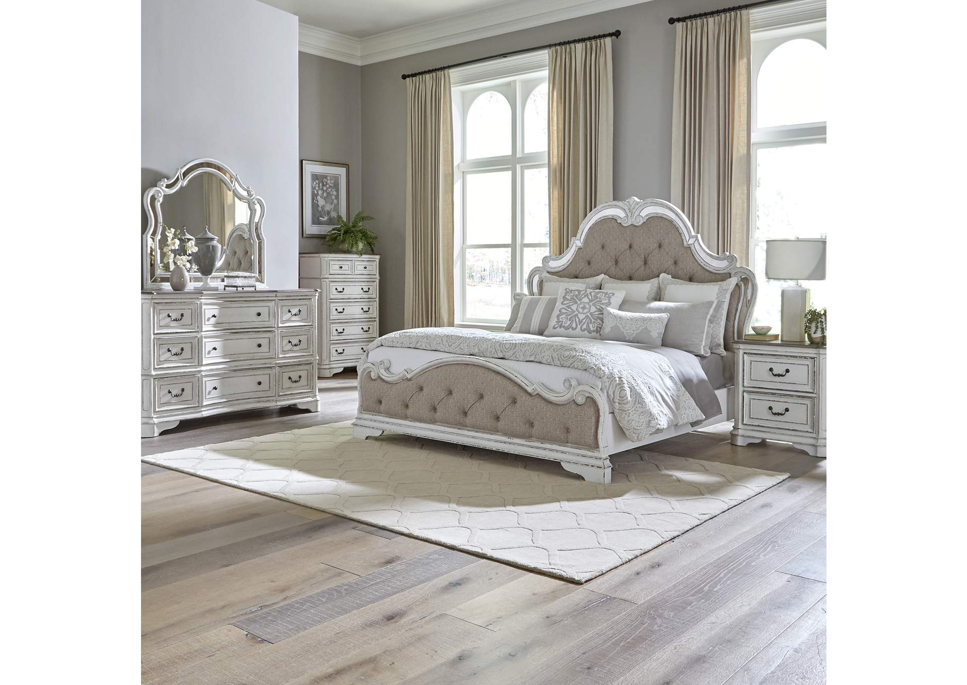 Magnolia Manor Opt Queen Upholstered Bed, Dresser & Mirror, Chest, Nightstand,Liberty