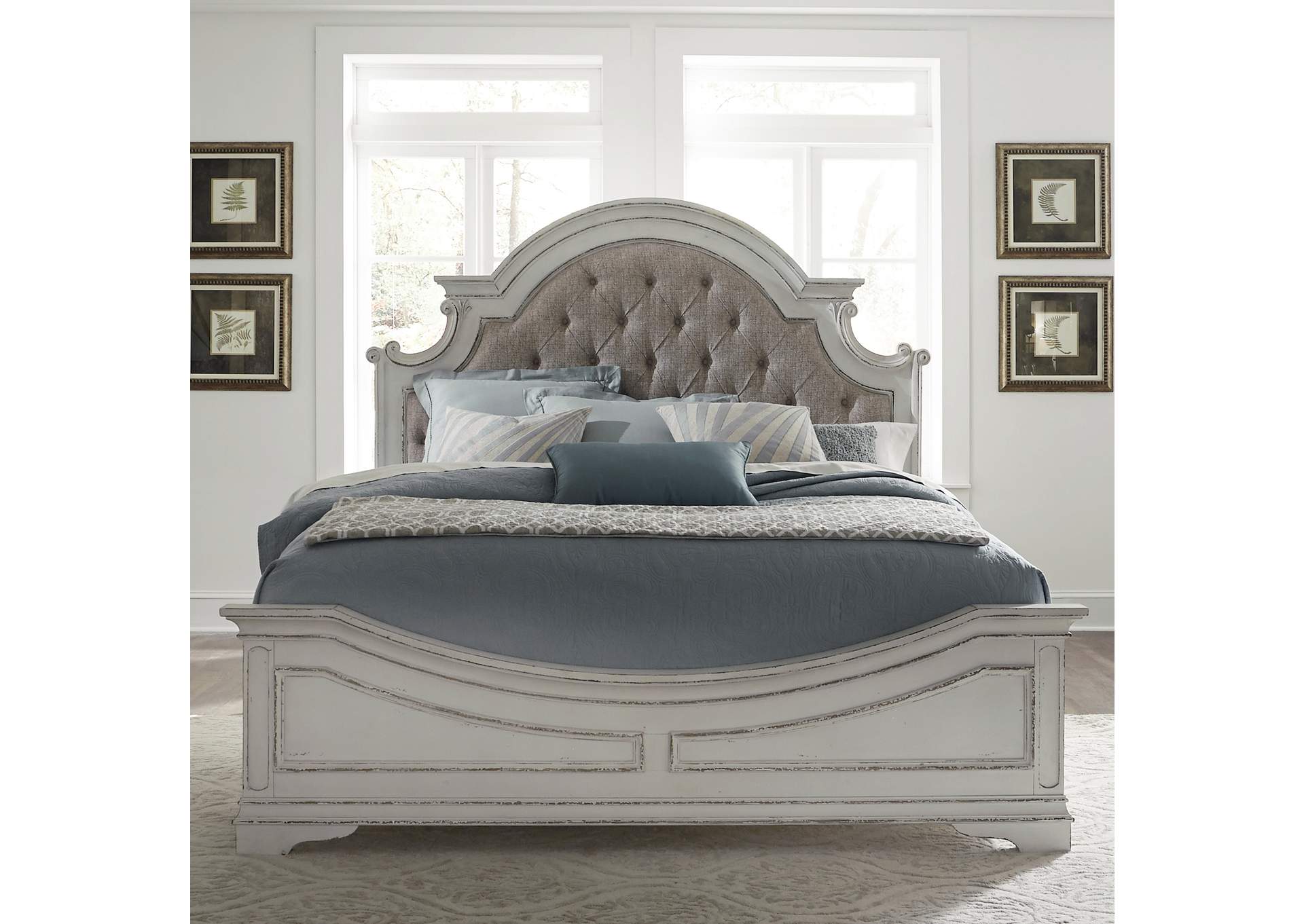 Magnolia Manor Antique White Queen Upholstered Panel Bed Woods Furniture Tx