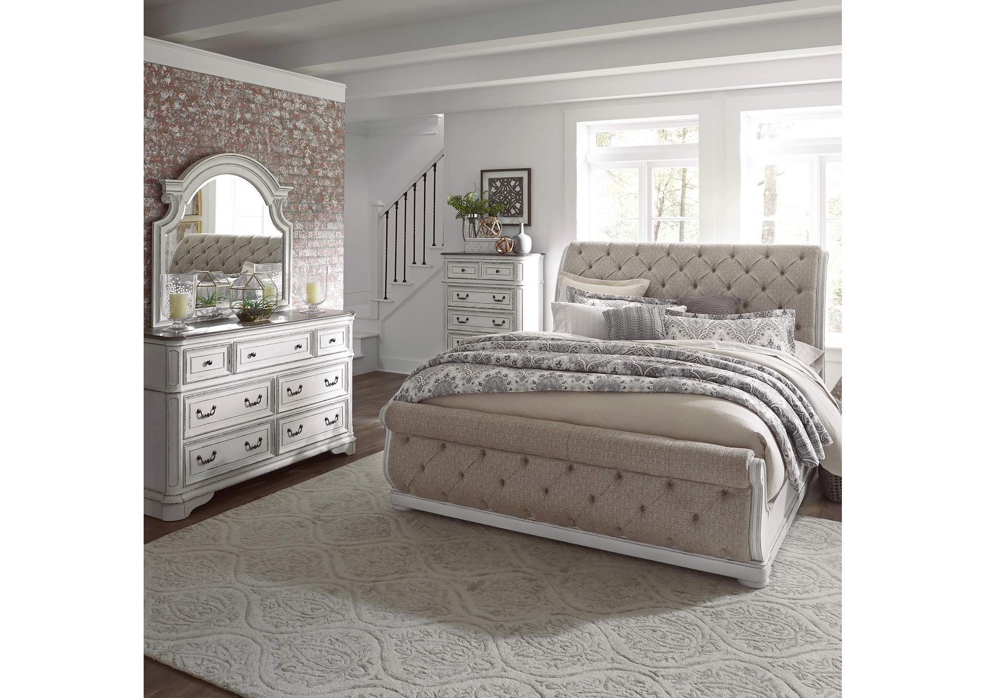 Magnolia Manor Queen Upholstered Sleigh Bed, Dresser & Mirror, Chest,Liberty