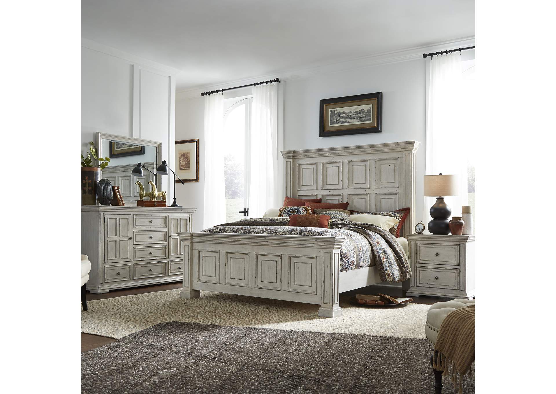 Big Valley King Panel Bed, Dresser & Mirror, Nightstand,Liberty