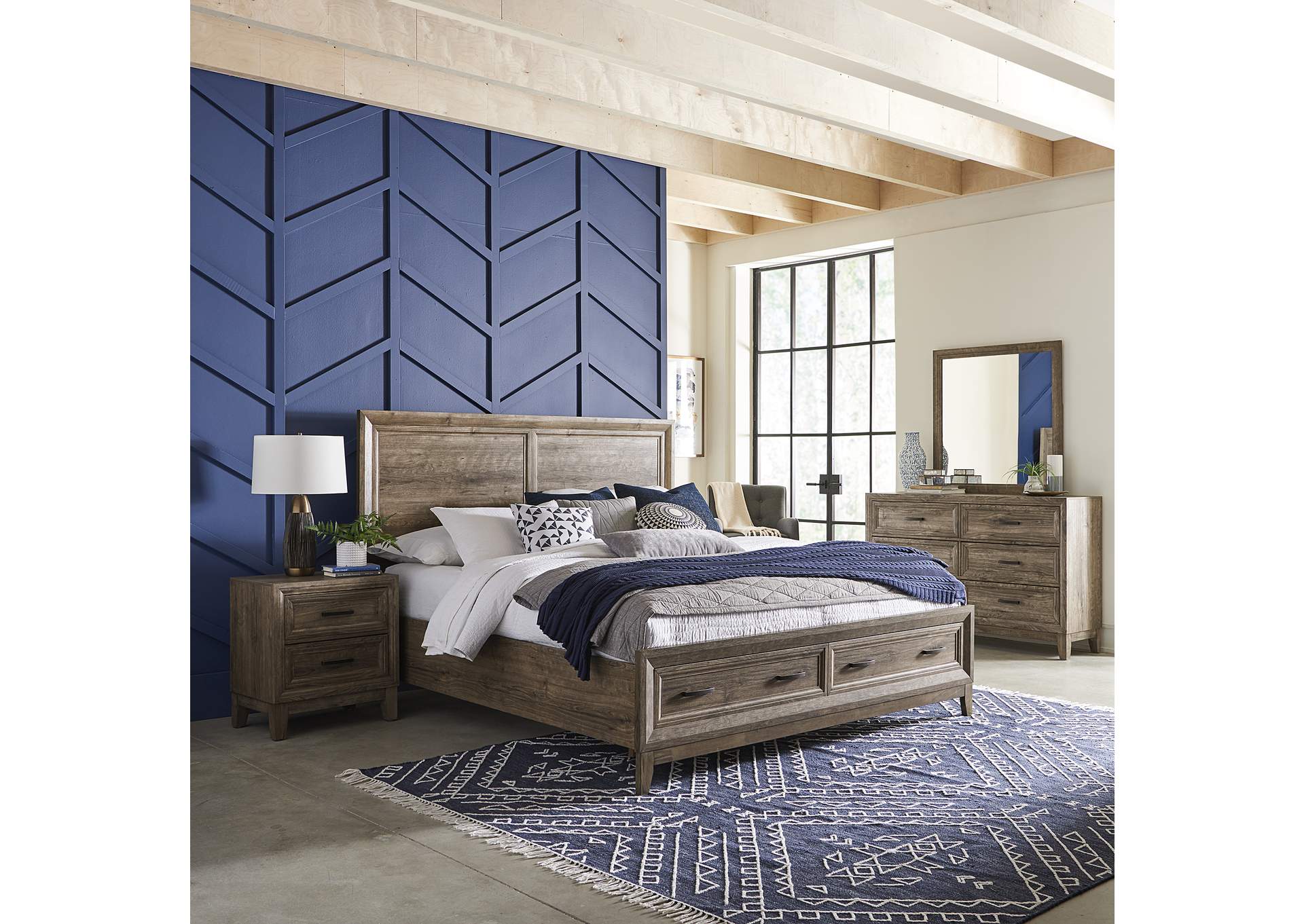 Ridgecrest King Storage Bed, Dresser & Mirror, Nightstand,Liberty