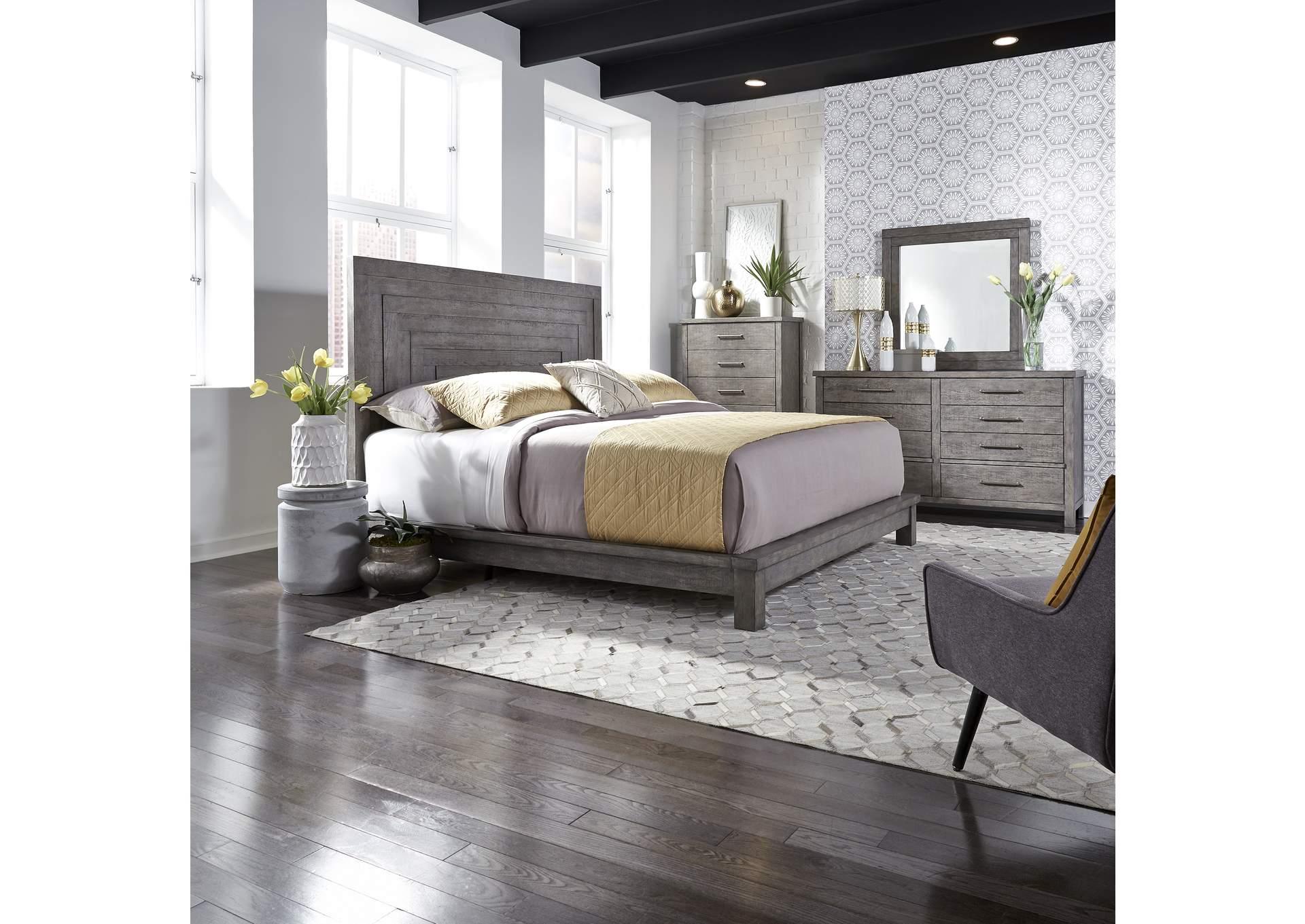 Modern Farmhouse California King Platform Bed, Dresser & Mirror, Chest,Liberty