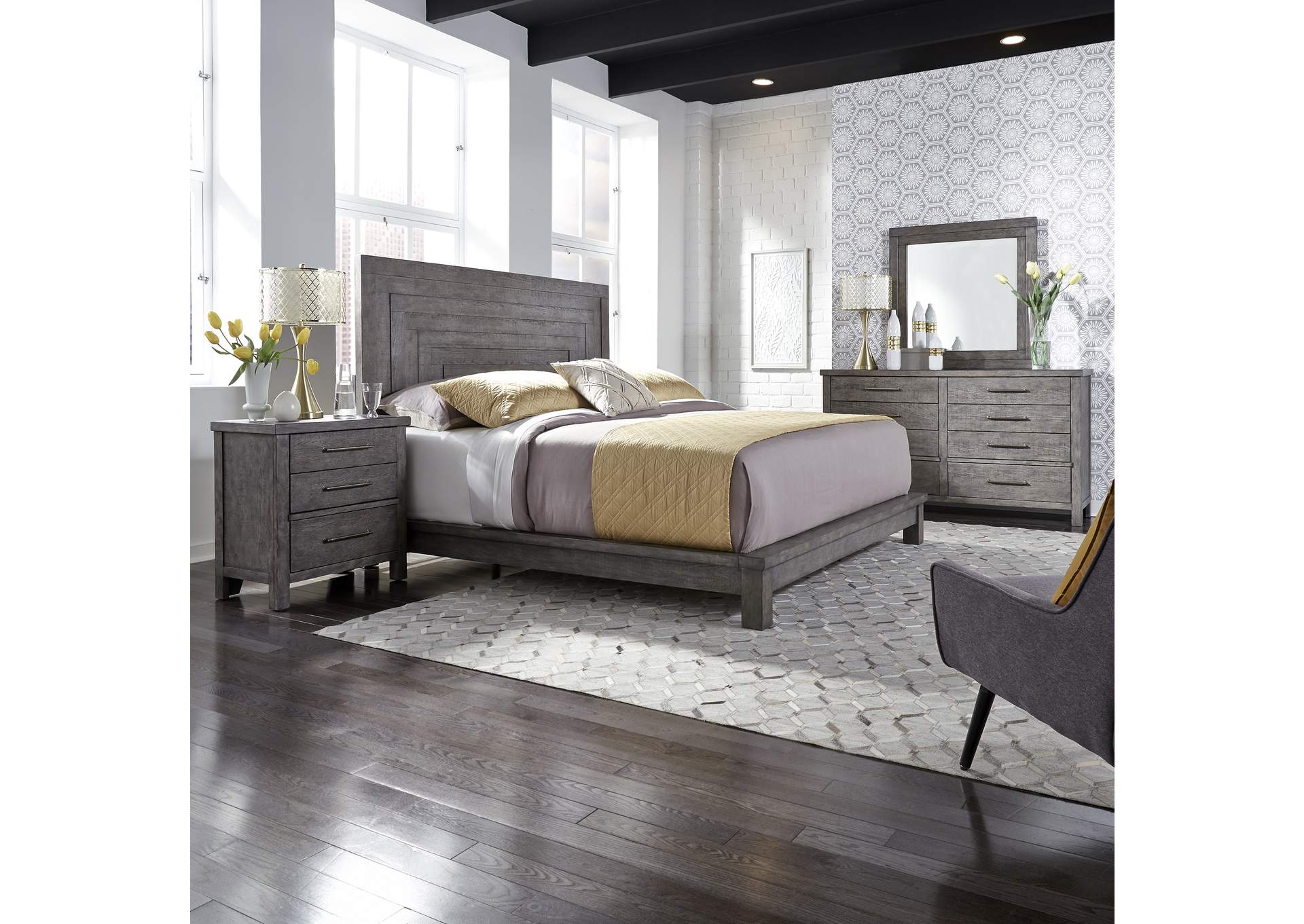 Modern Farmhouse California King Platform Bed, Dresser & Mirror, Nightstand,Liberty