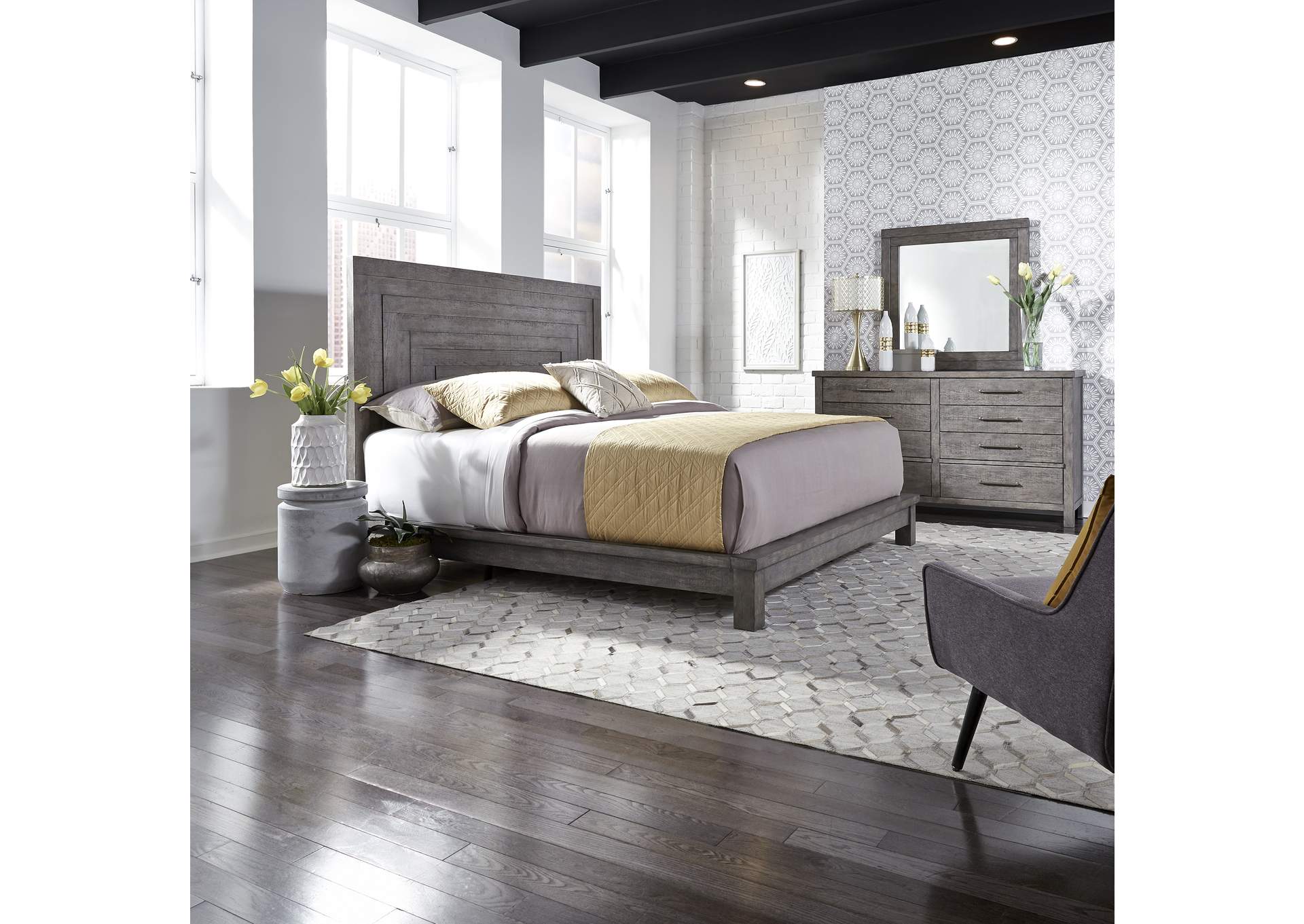 Modern Farmhouse King Platform Bed, Dresser & Mirror,Liberty