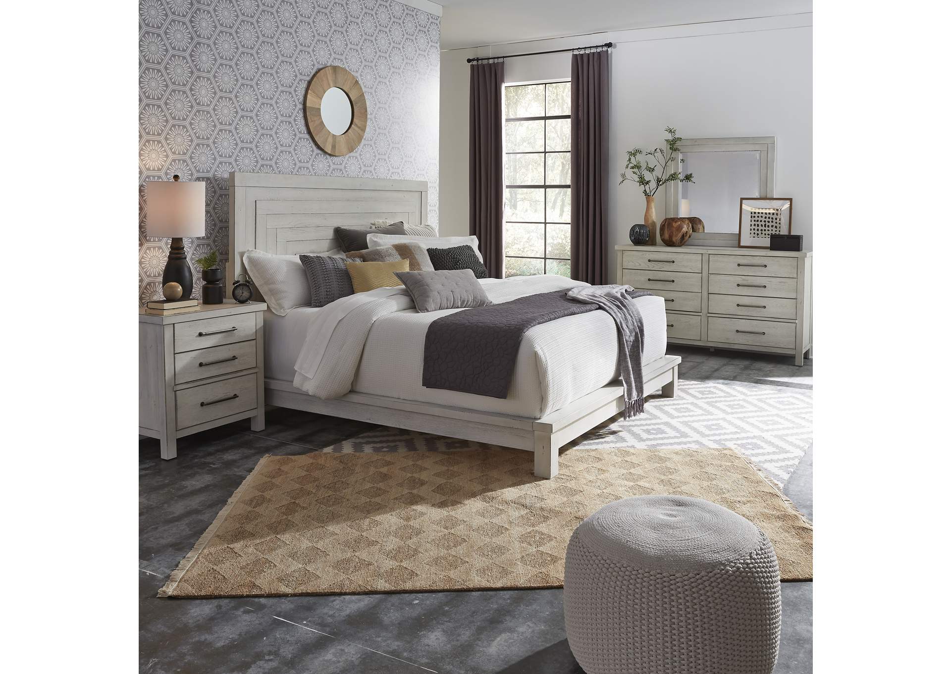 Modern Farmhouse Flea Market White California King Platform Bed, Dresser & Mirror, Nightstand,Liberty