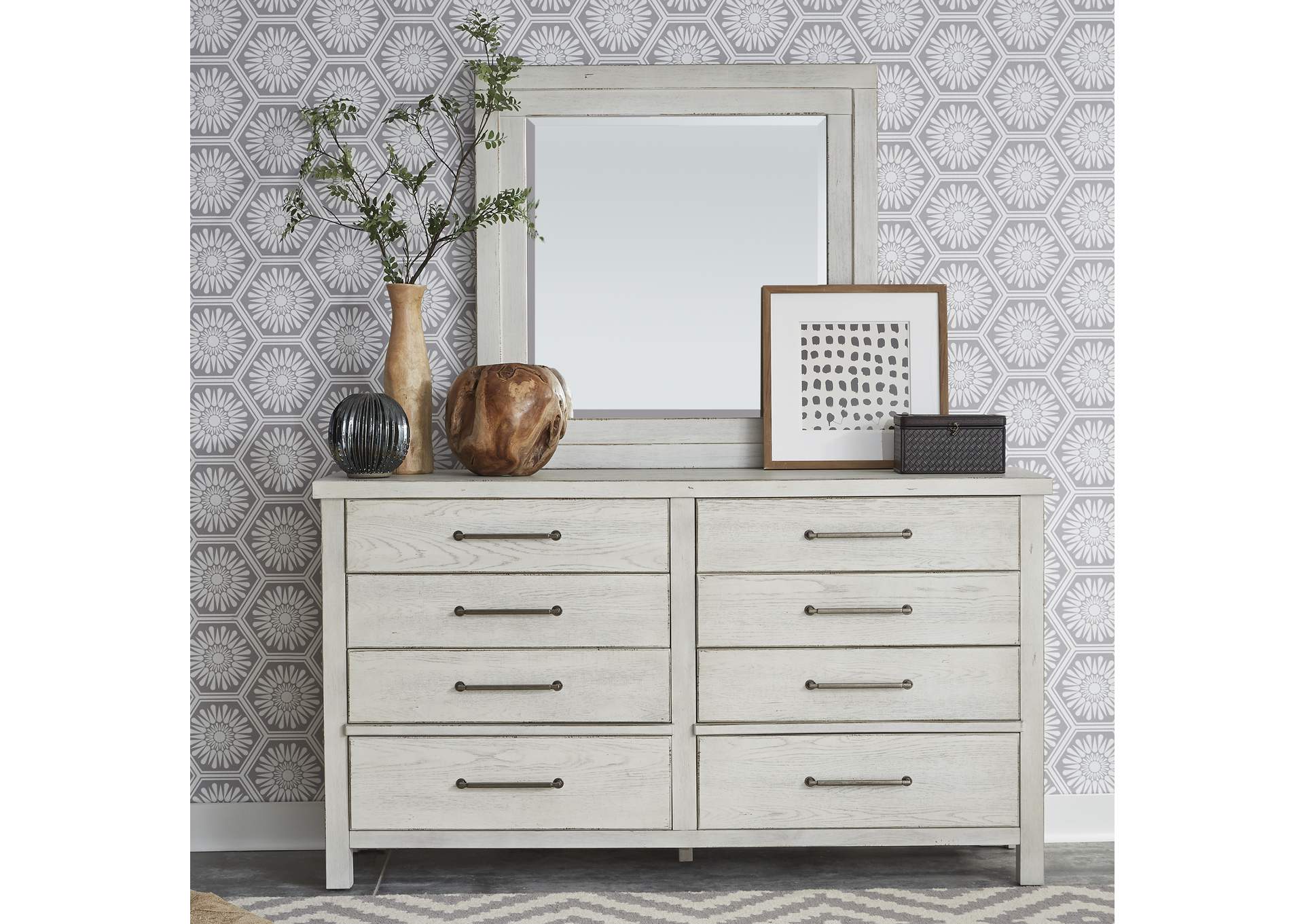 Modern Farmhouse Flea Market White California King Platform Bed, Dresser & Mirror, Nightstand,Liberty