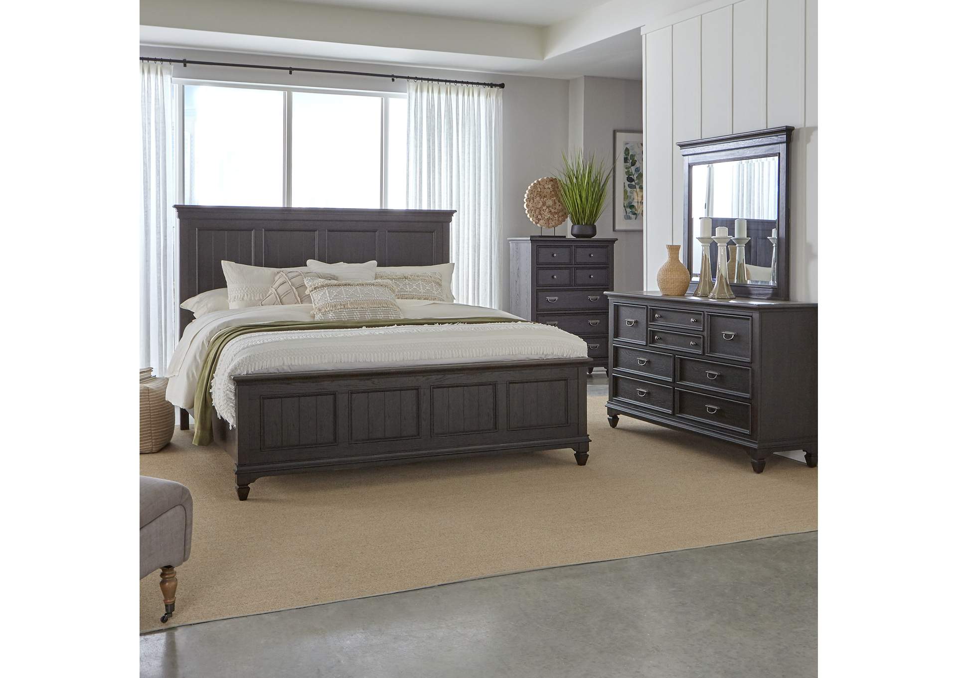 King Panel Bed, Dresser & Mirror, Chest,Liberty